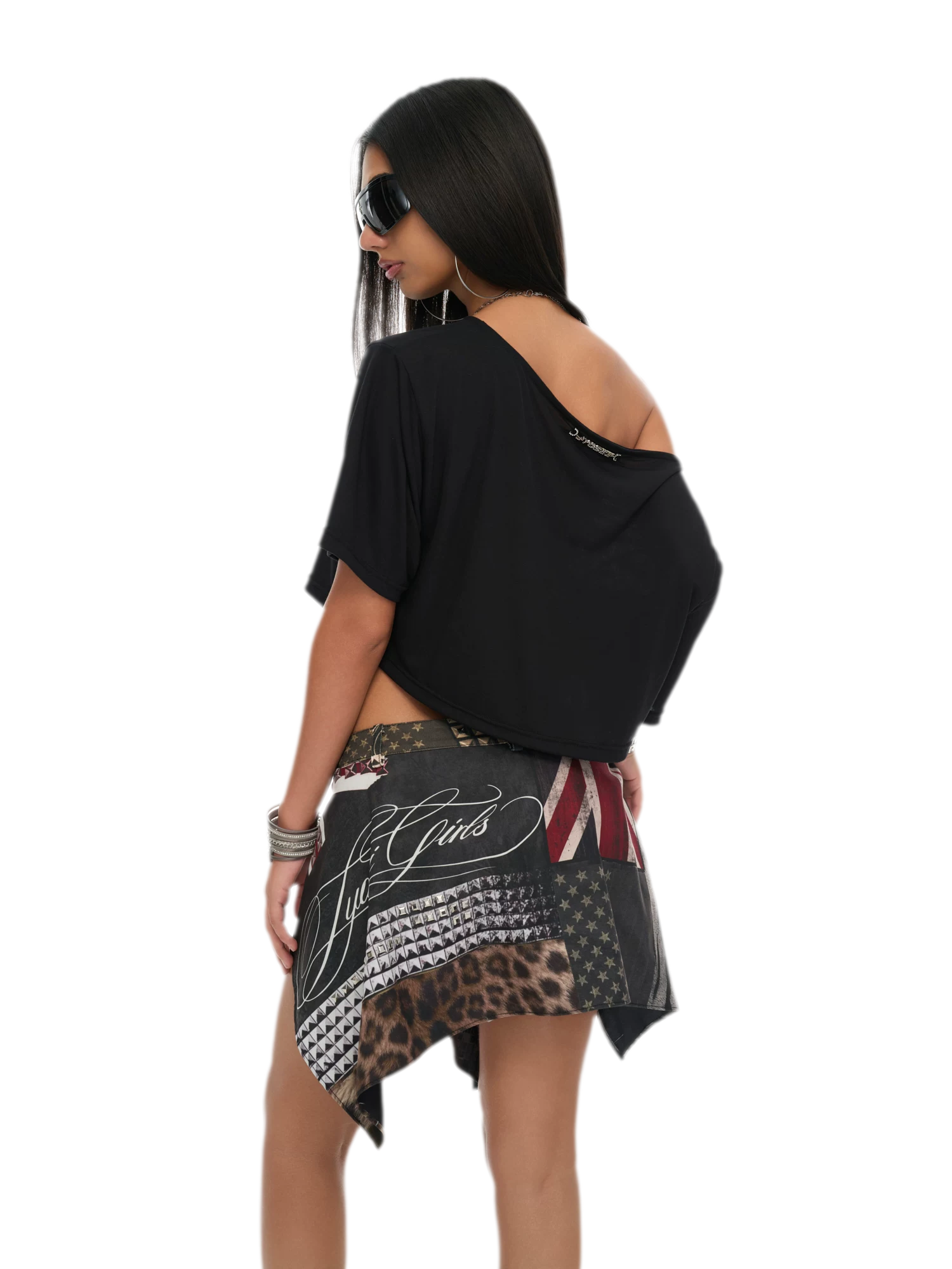 Black Loose Slant Shoulder Chain Crop Top