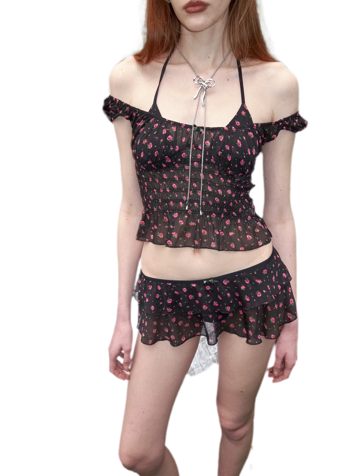 Black Floral U-Neck Three-Piece Bikini Set