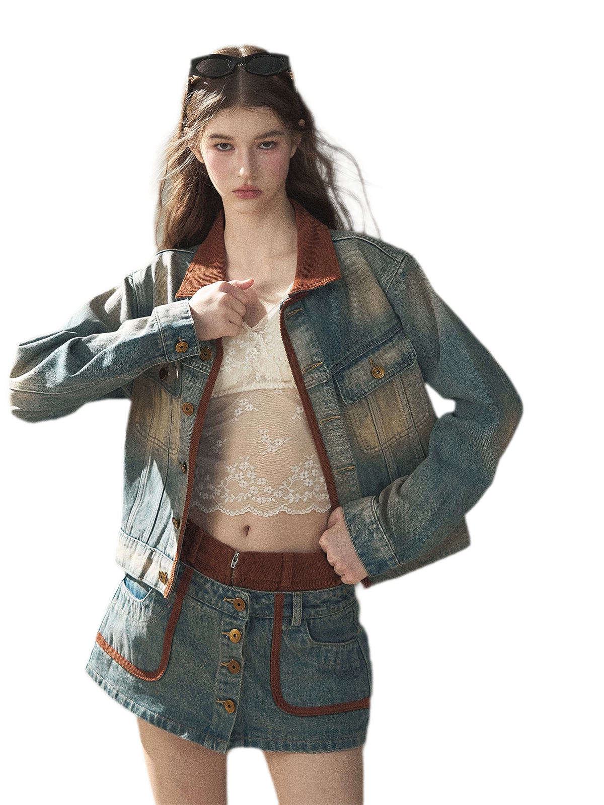 Washed Denim Jacket Skirt Set