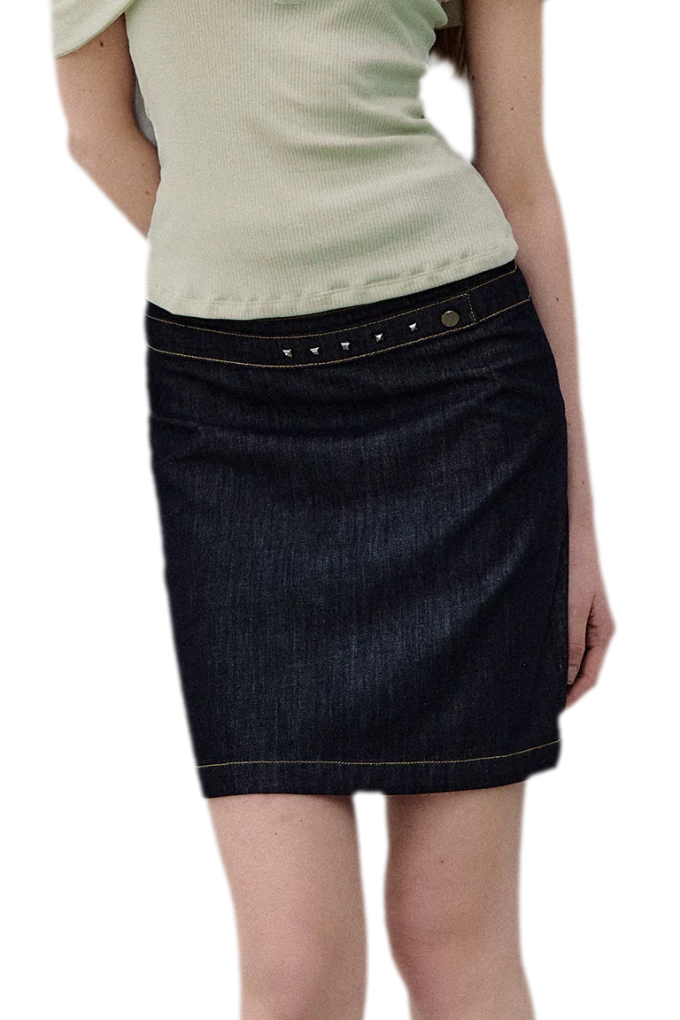 Retro Denim Blue Studded Straight Skirt
