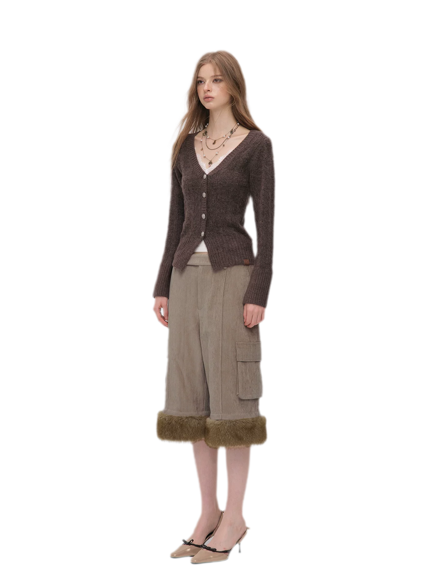 Brushed Cable-Knit Fitted Cardigan