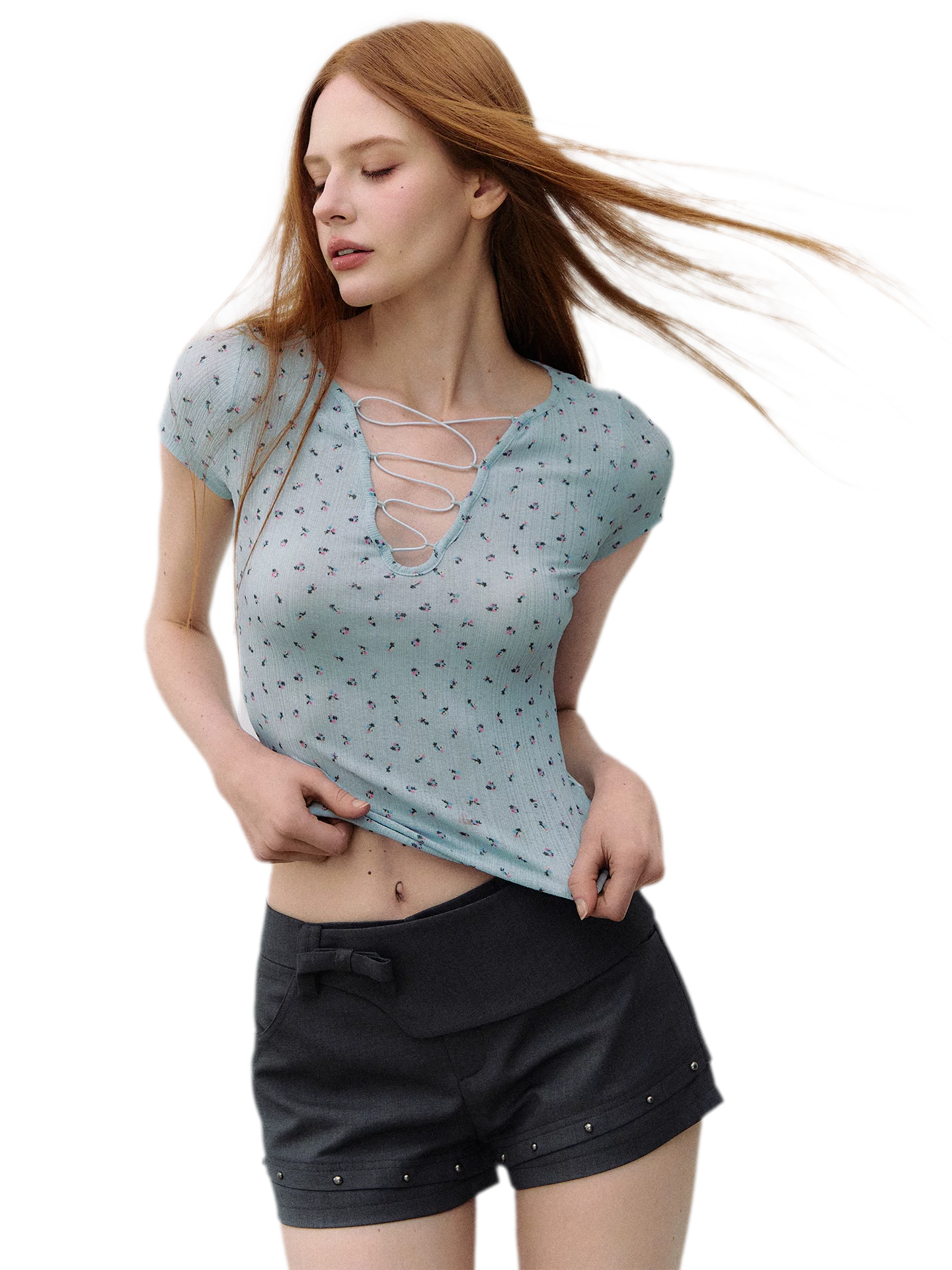 Deconstructed Bow-Tie Hem Studded Shorts