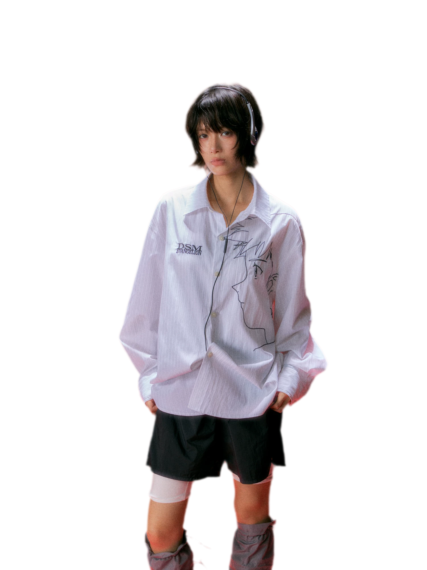 Fine-Stripe Embroidered Graphic Shirt