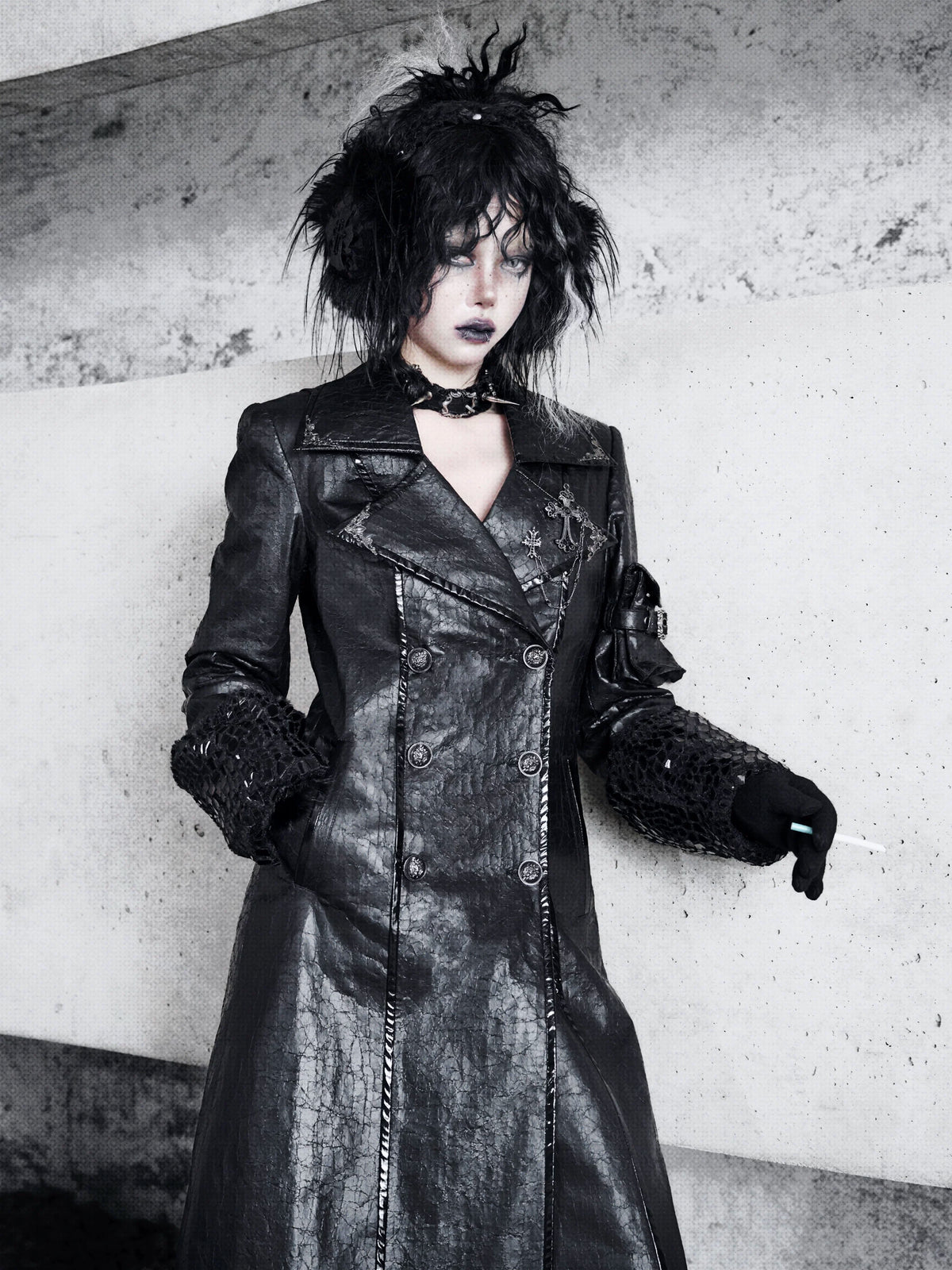 Cracked Leather Fleece-Lined Coat