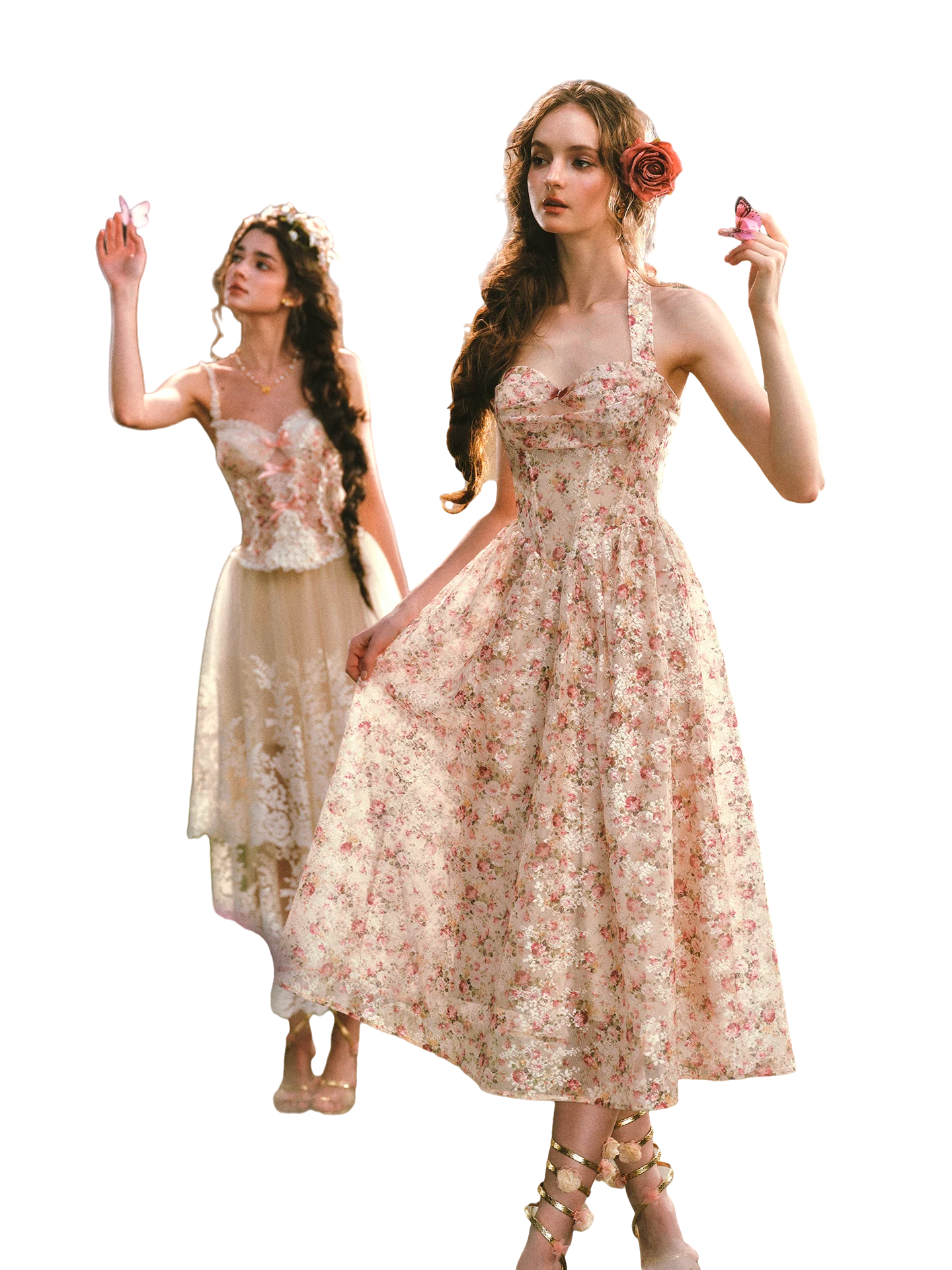 Forest Rose French Retro Floral Halter Long Dress