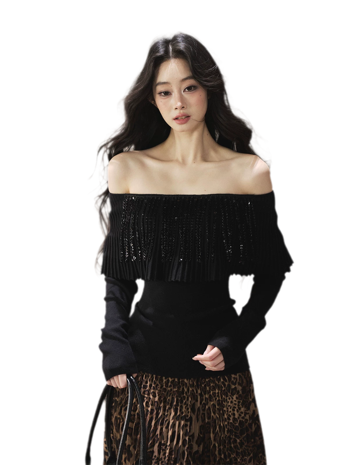 Pleated One-Shoulder Long-Sleeve Top