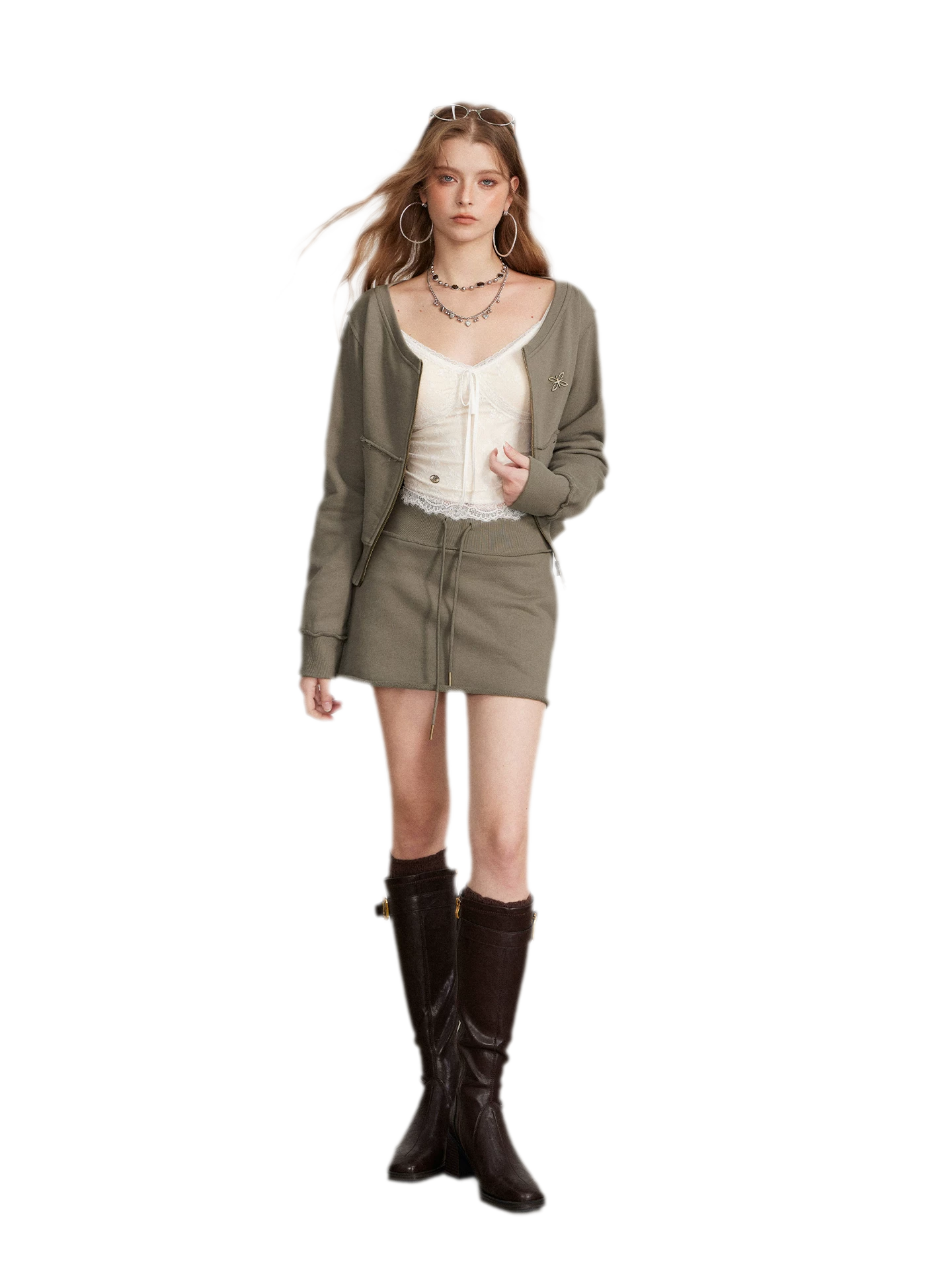 Raw Edge Zip Sweatshirt Set