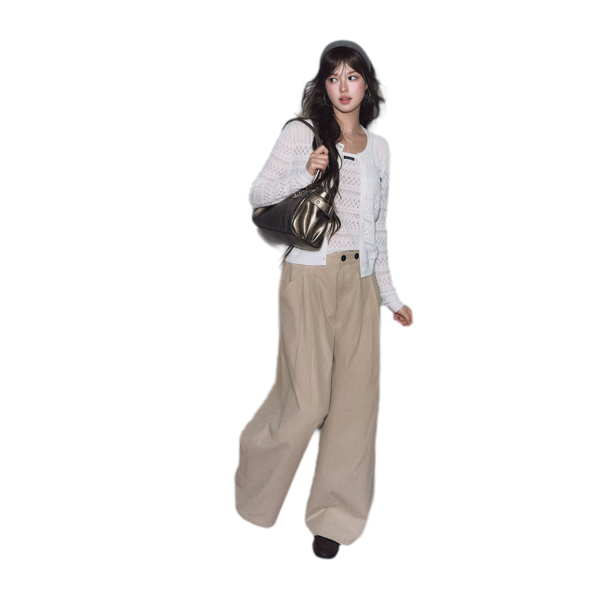 Pantaloni in cotone con pieghe e gamba ampia