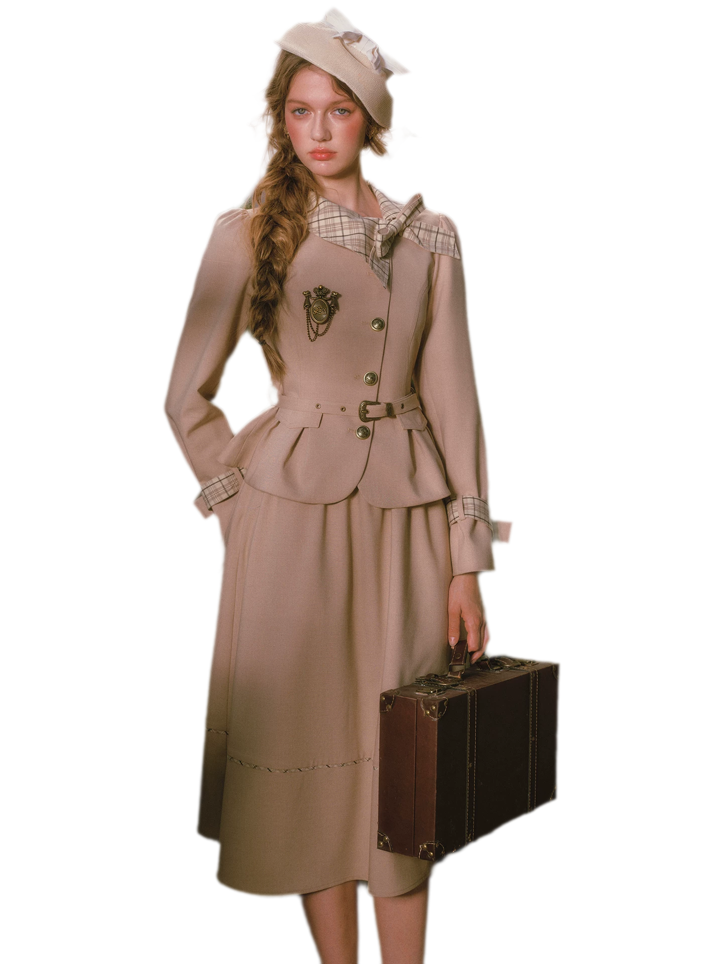 Vintage Belted Trench Skirt Set
