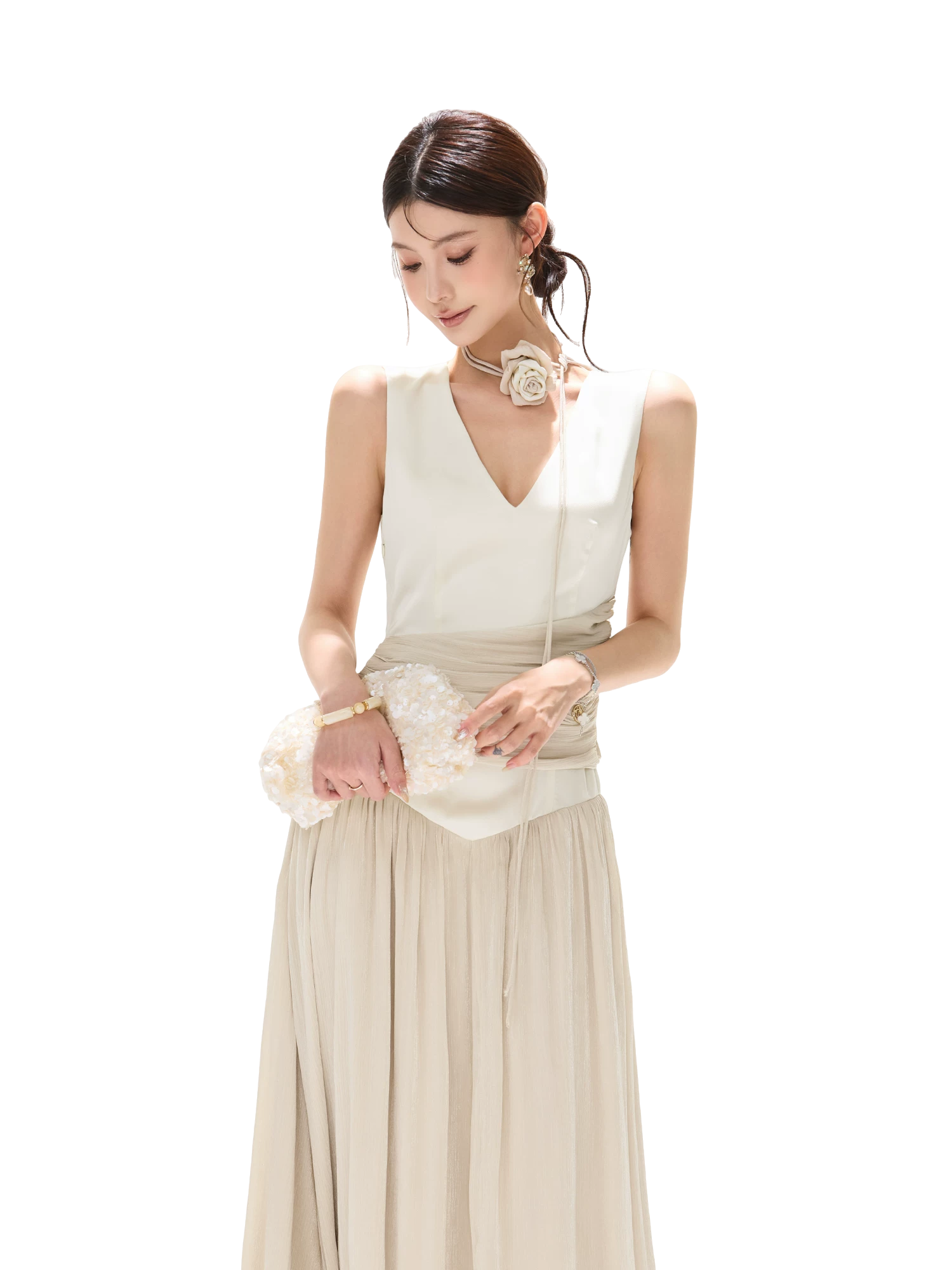 French Style Colorblock Pleated Satin V-Neck Dress