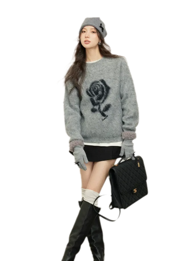 Rose Jacquard Grey Sweater