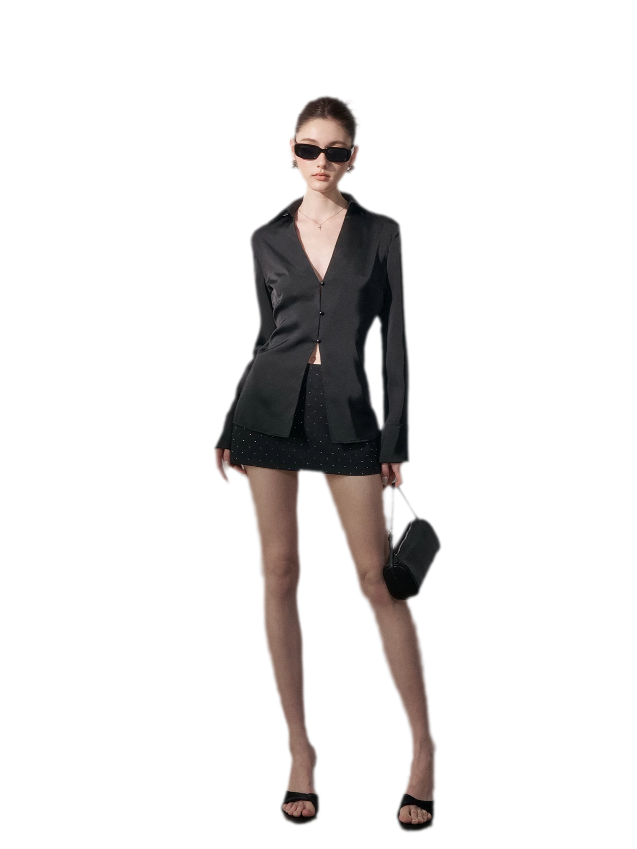 Satin Three-Button V-Neck Blouse