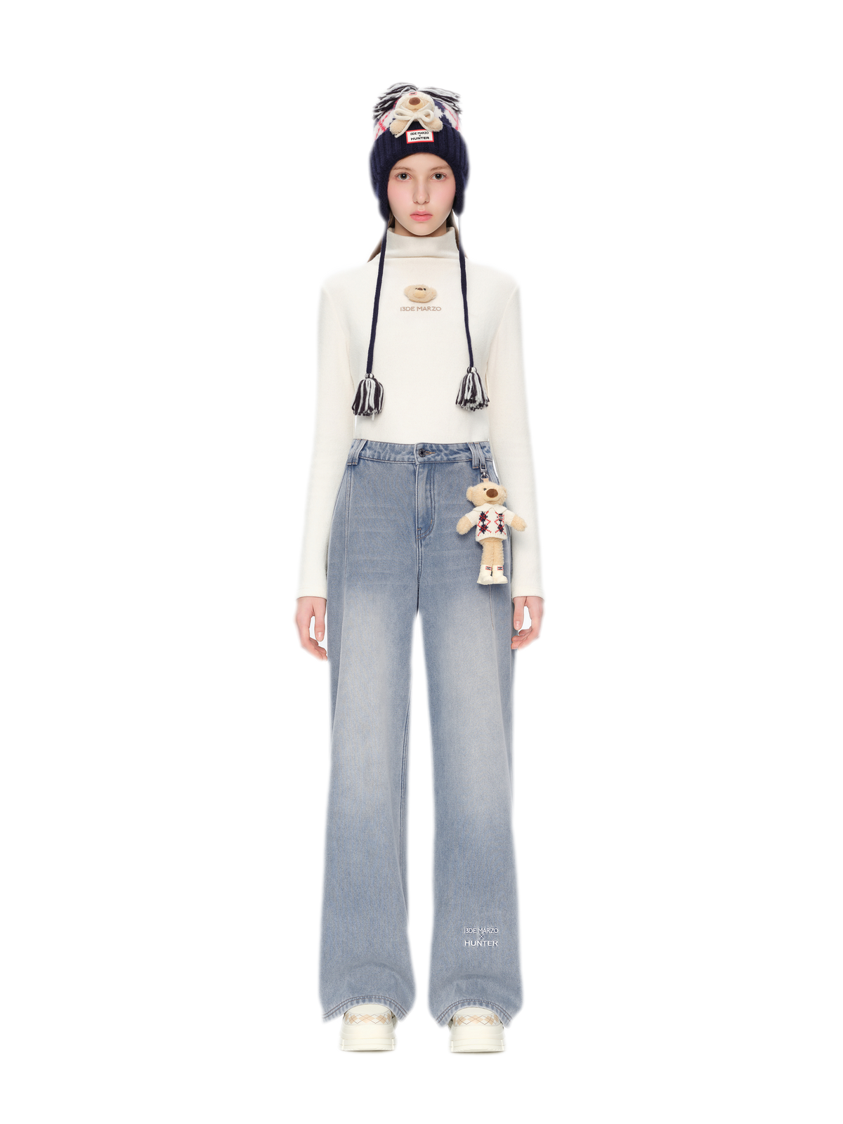 Jeans in denim a gamba larga con fodera in pile