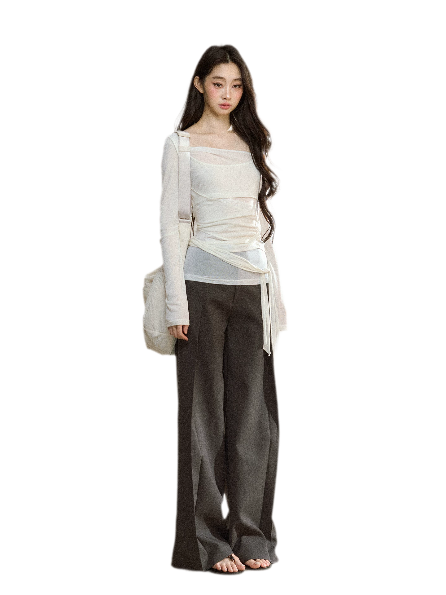 Ruched Sheer Crossover Long-Sleeve Top