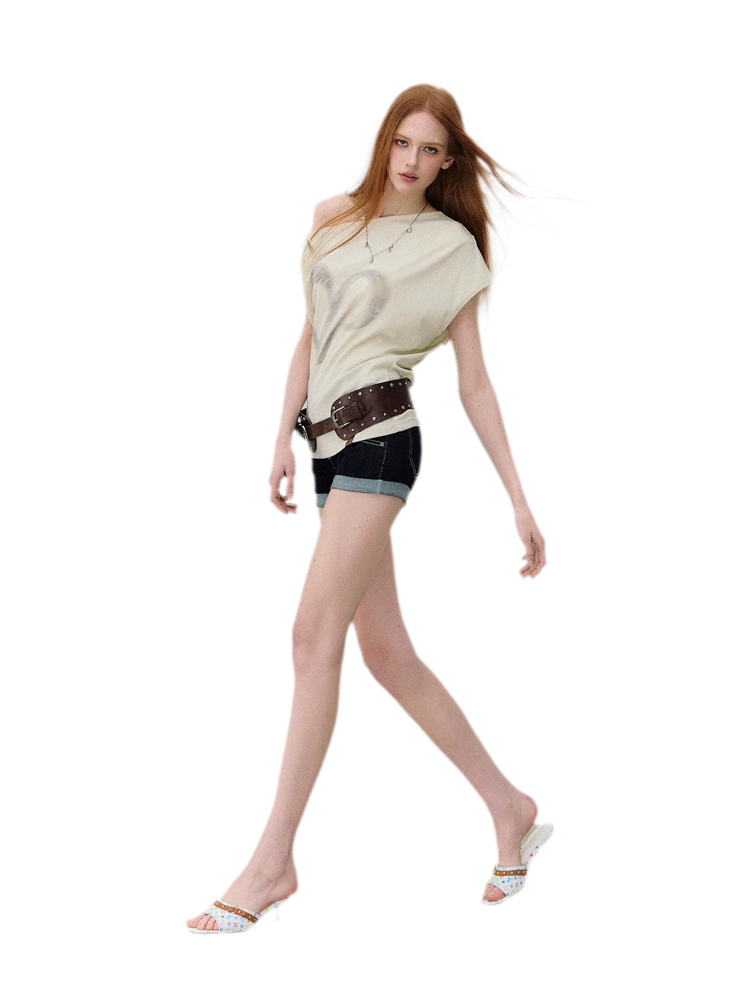 Asymmetric Shoulder Heart Logo Ruched Waist T-shirt