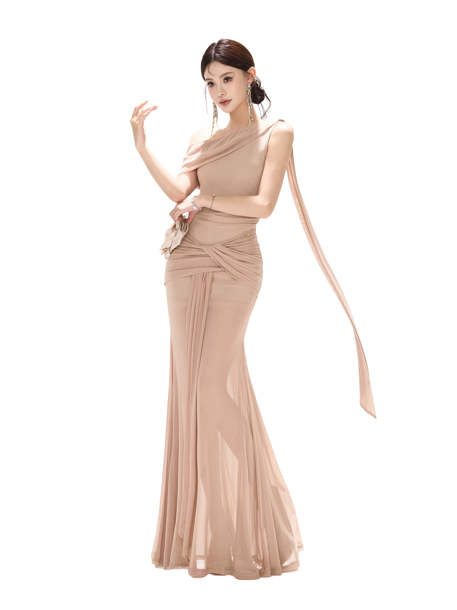 Asymmetric Off-Shoulder Mesh Long Dress