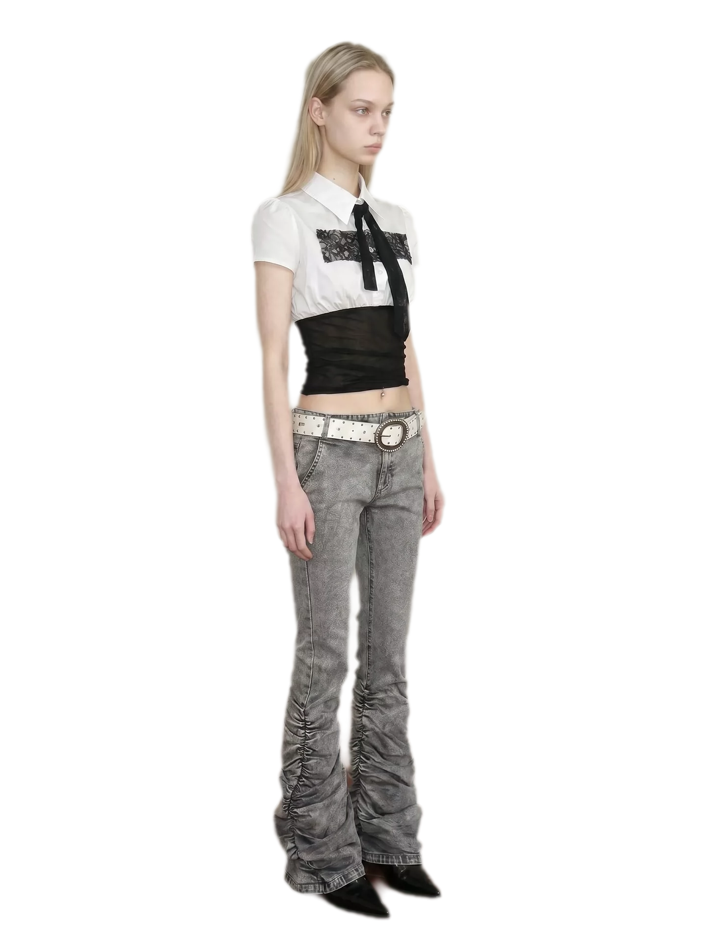 Washed Low-Rise Ruched Flare Jeans