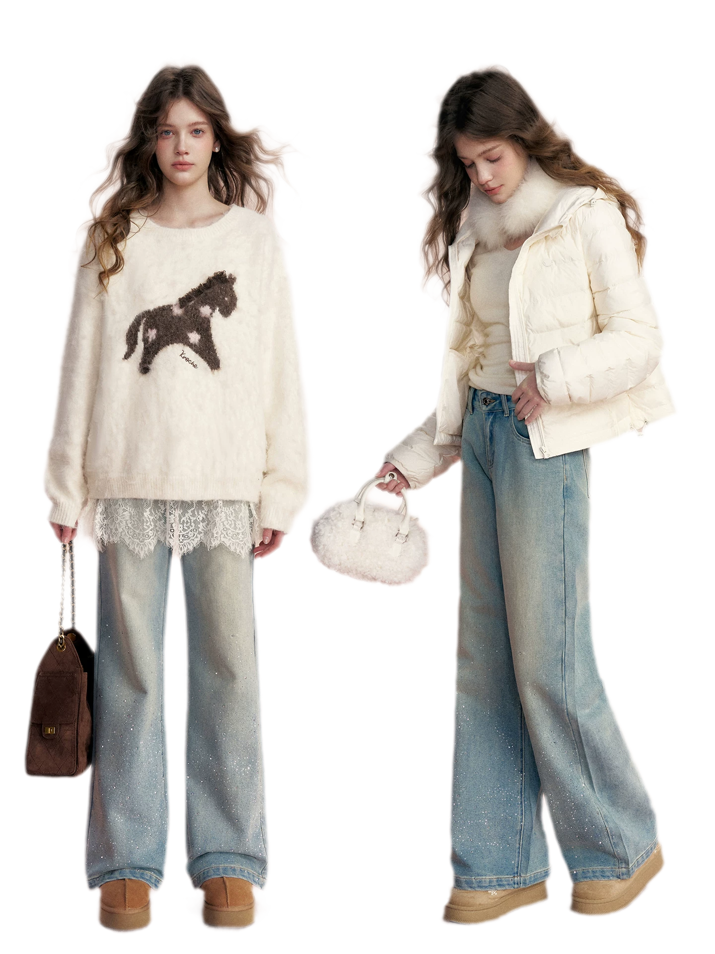 Embellished Fleece-Lined Wide-Leg Jeans