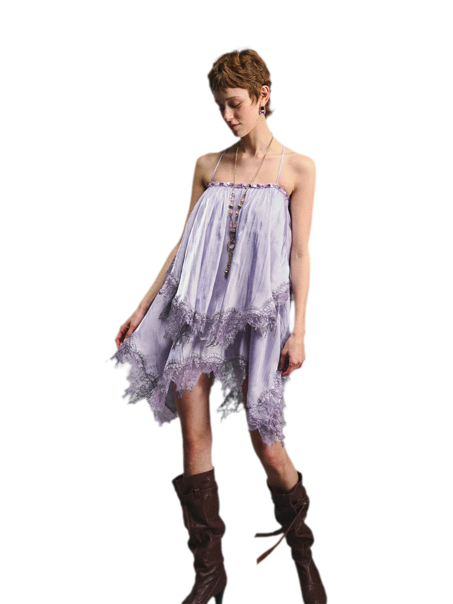 Lavender Galaxy Lace Satin Beaded Strap Dress