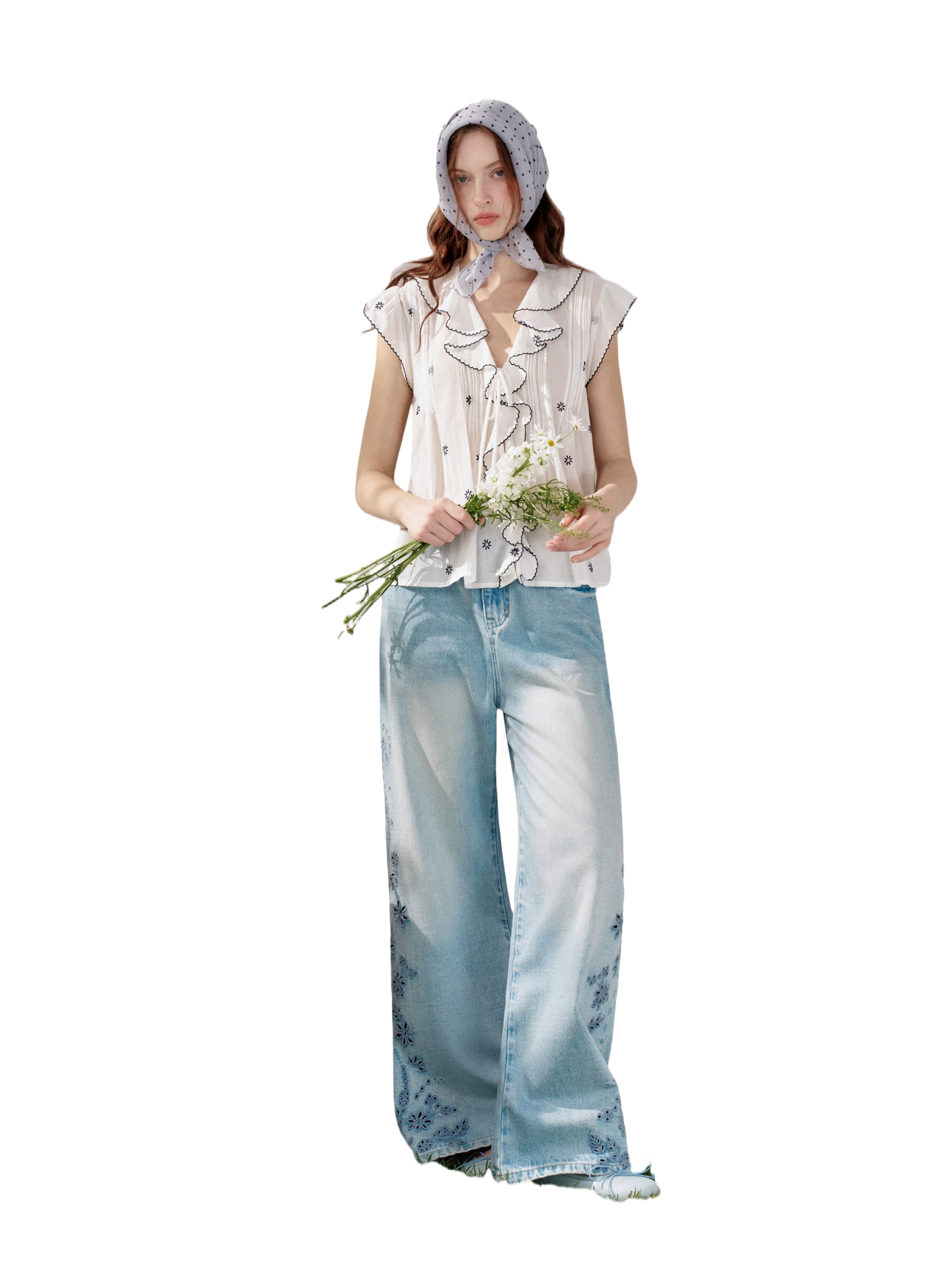 Embroidered Washed Wide-Leg Jeans