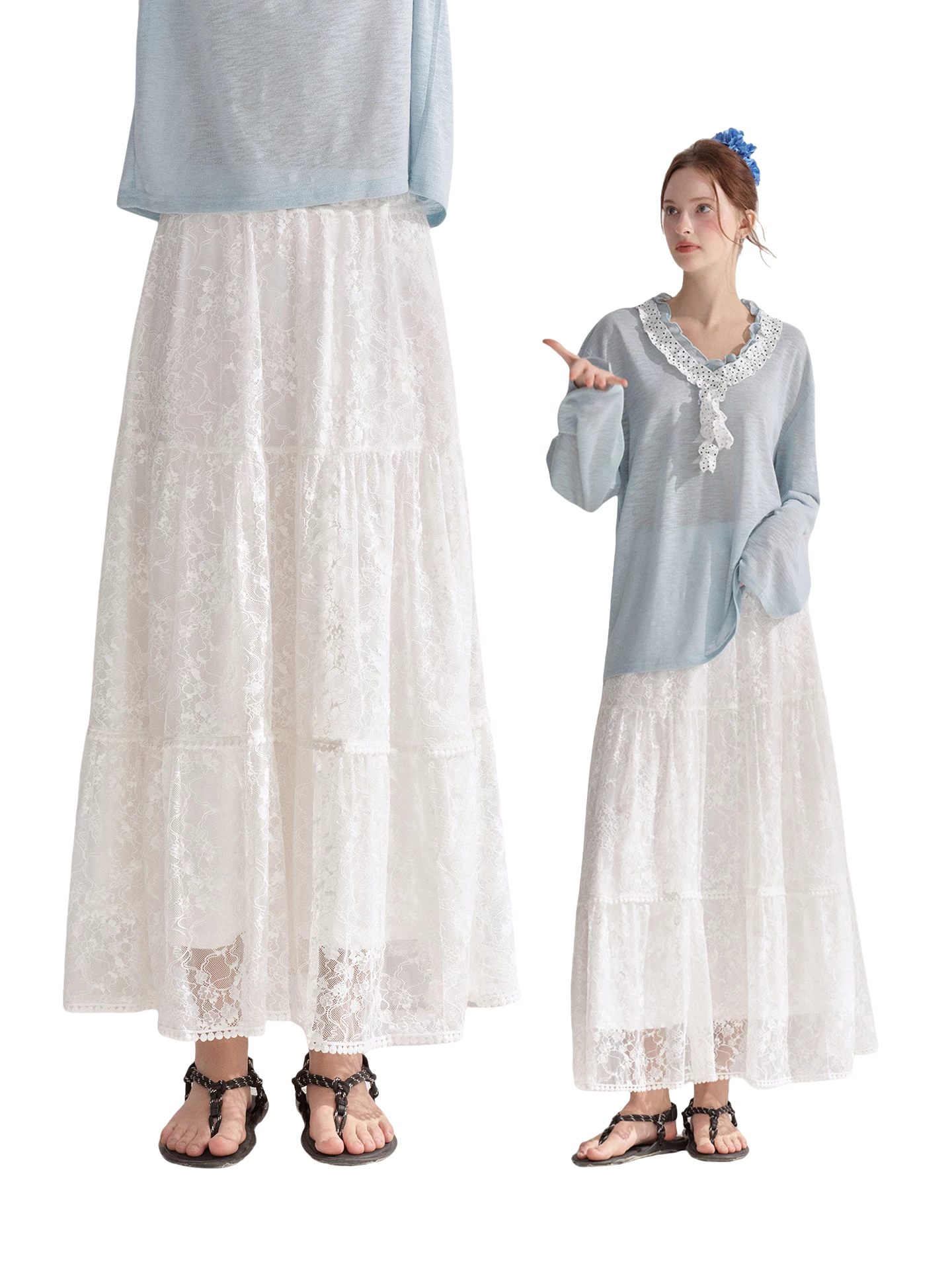 Lace Trim Elastic Waist A-line Long Skirt