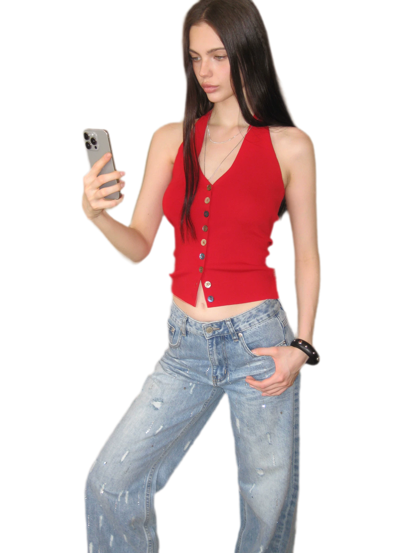 Rhinestone Distressed Denim Pants