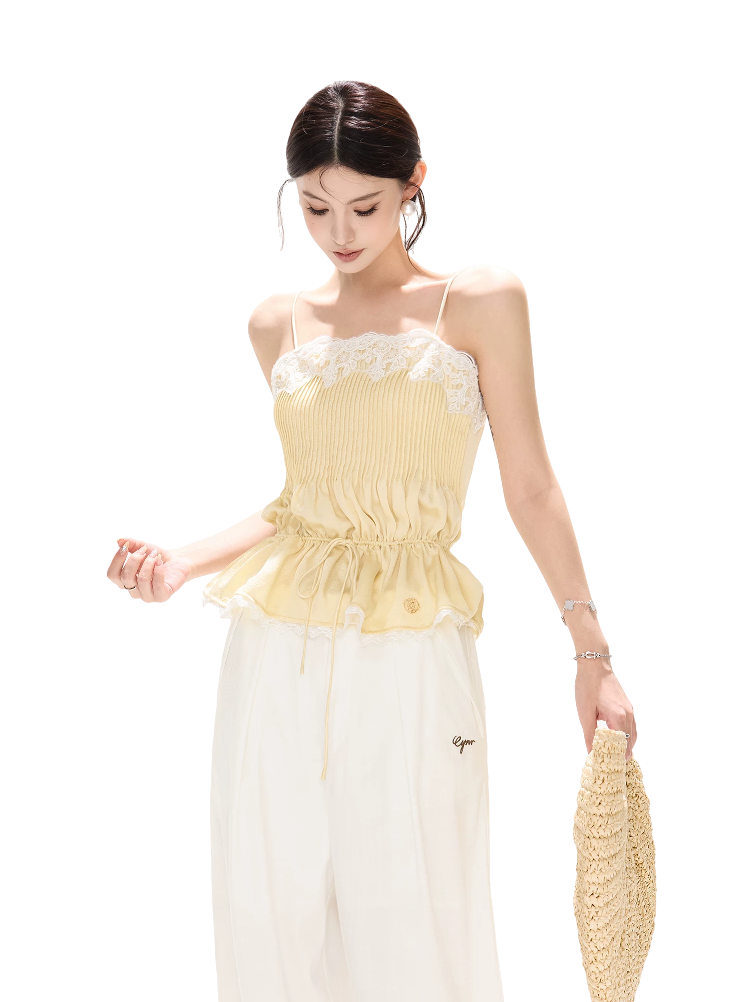 South France Holiday Lace Trim Waist-Cinched Camisole