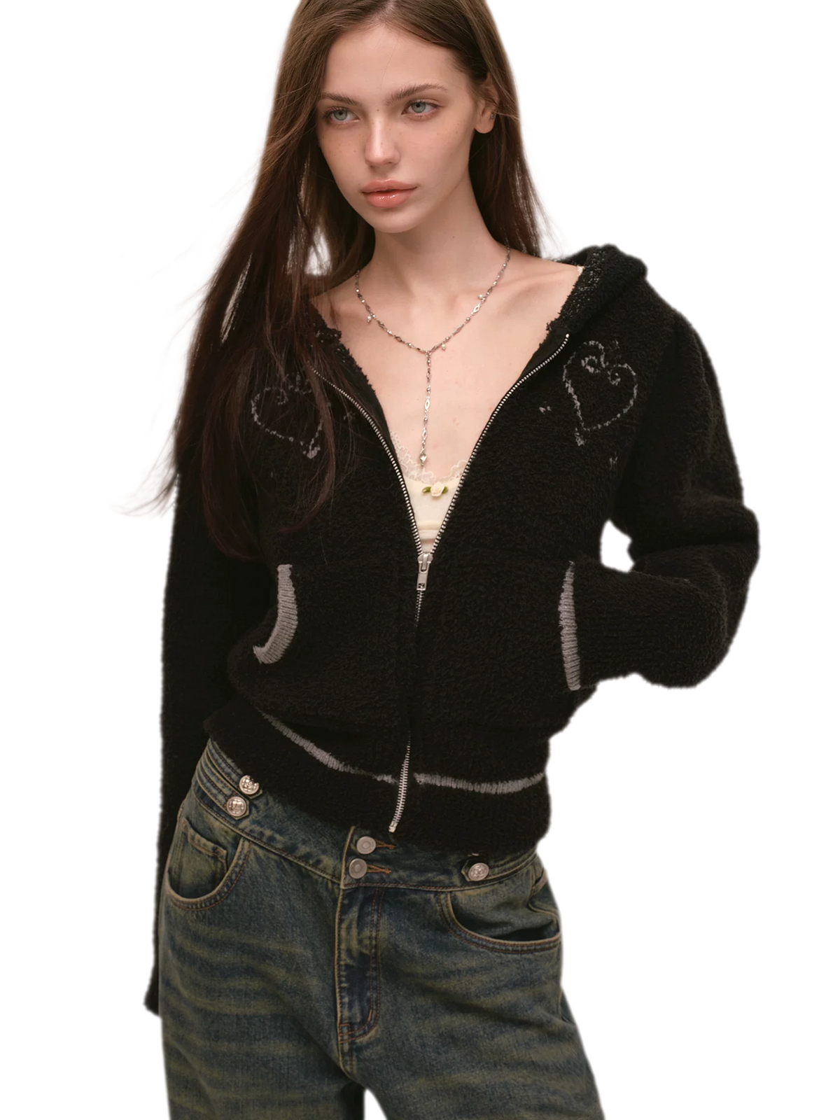 Veste en maille courte à cœur contrastant