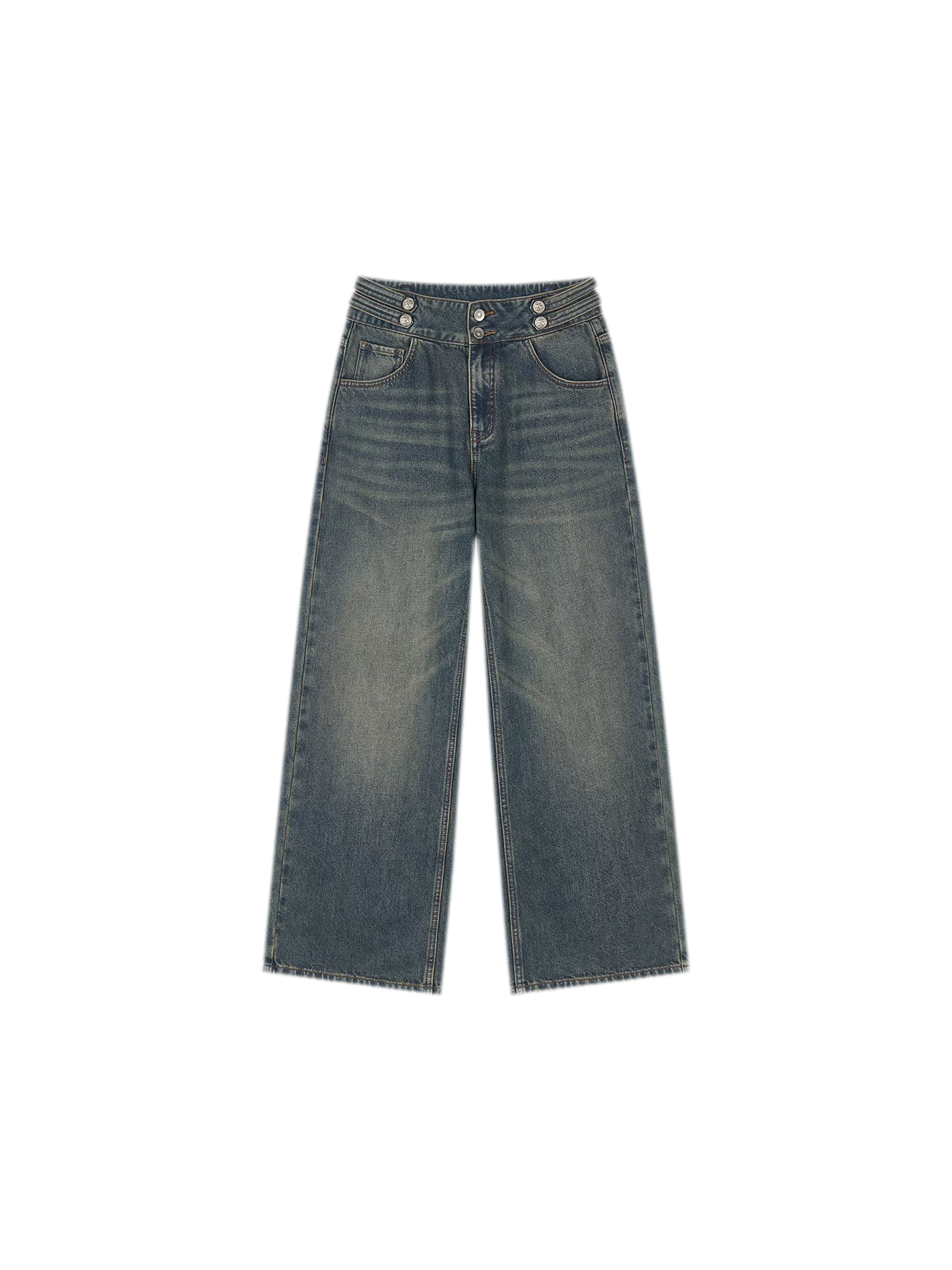 Quần jeans ống rộng giặt bạc chải xước