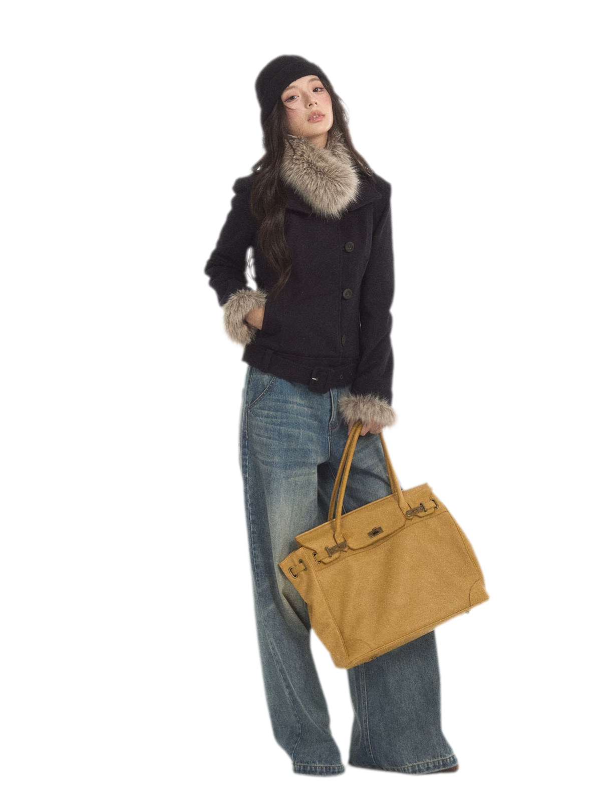 Detachable Fur Collar Twill Coat