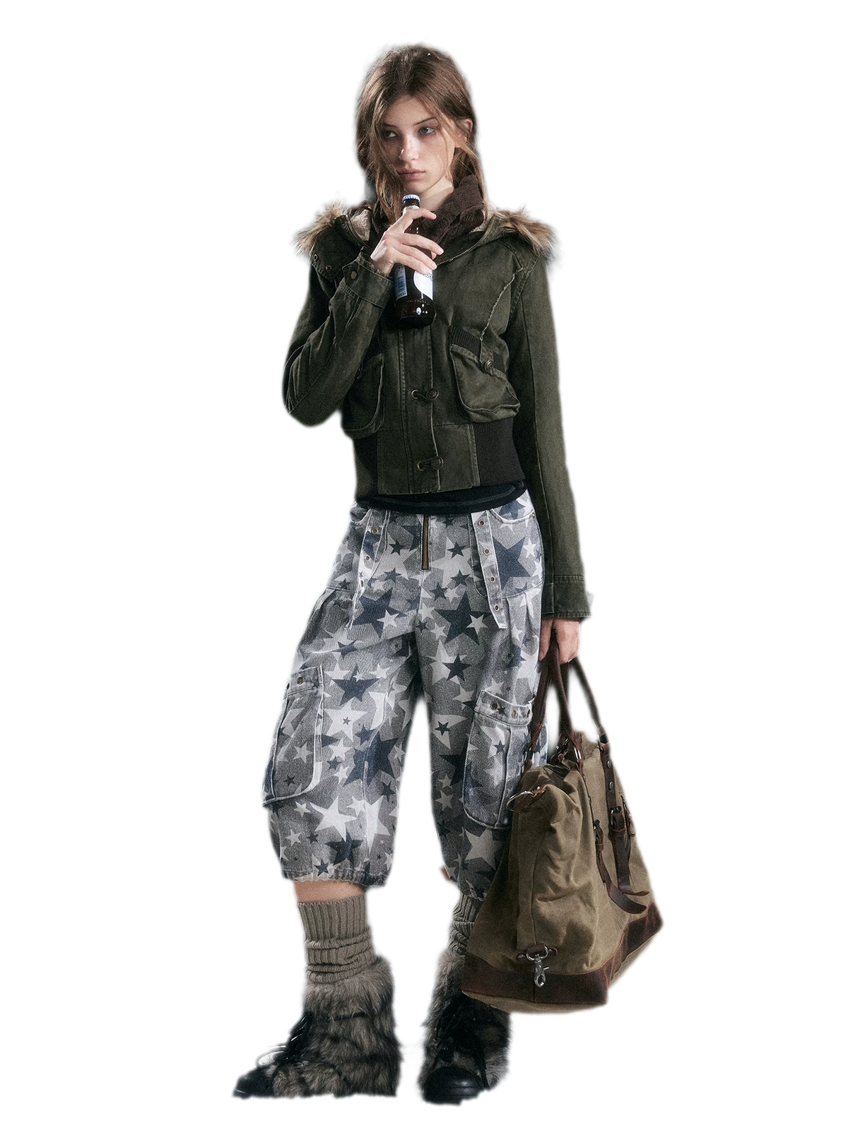 Washed Quilted Fur-Trim Hooded Jacket