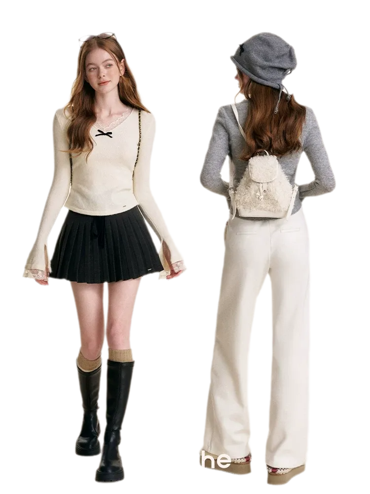 Lace Bow V-Neck Knit Top