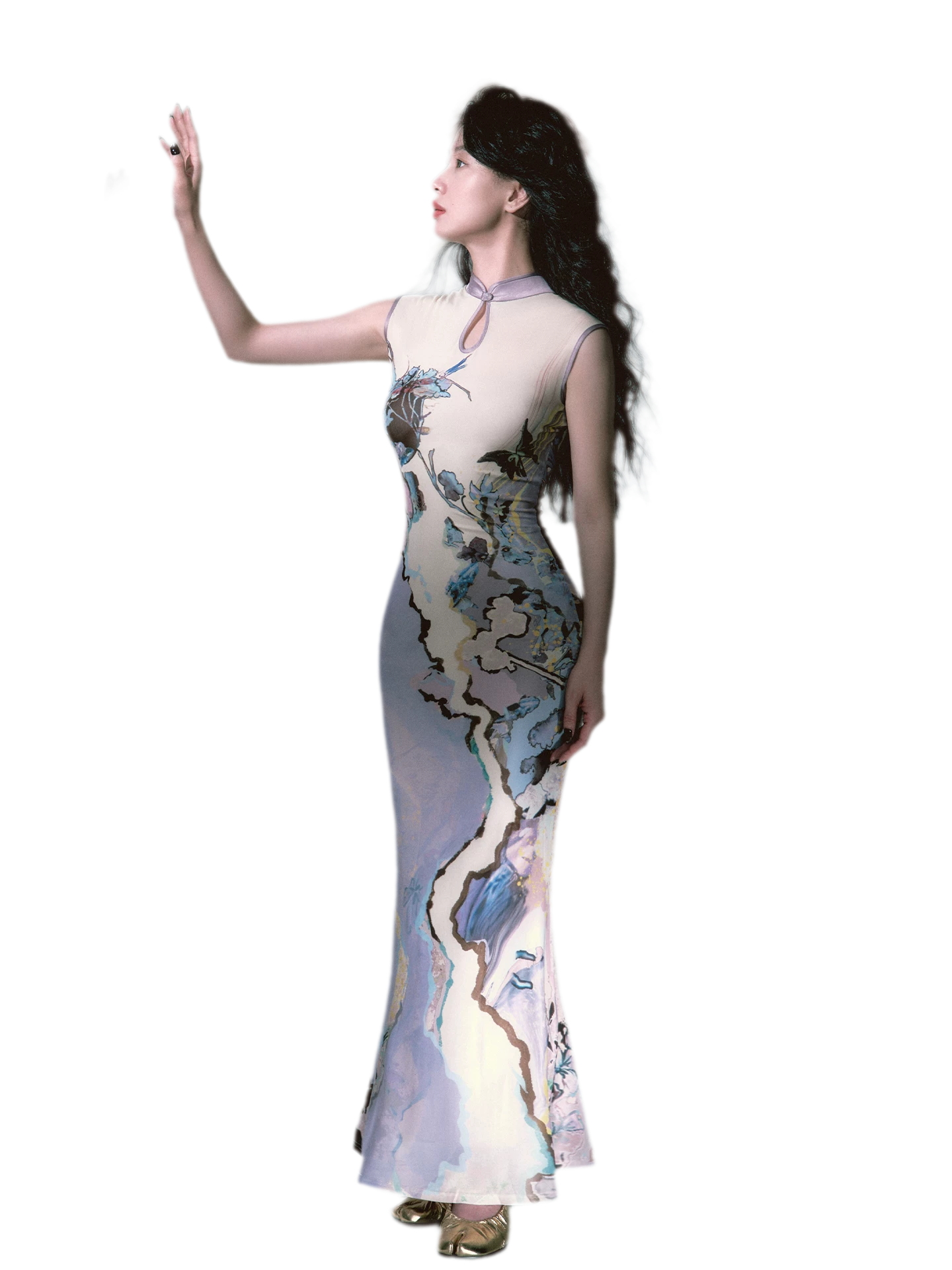 Roman Poem Printed Sleeveless Qipao Dress