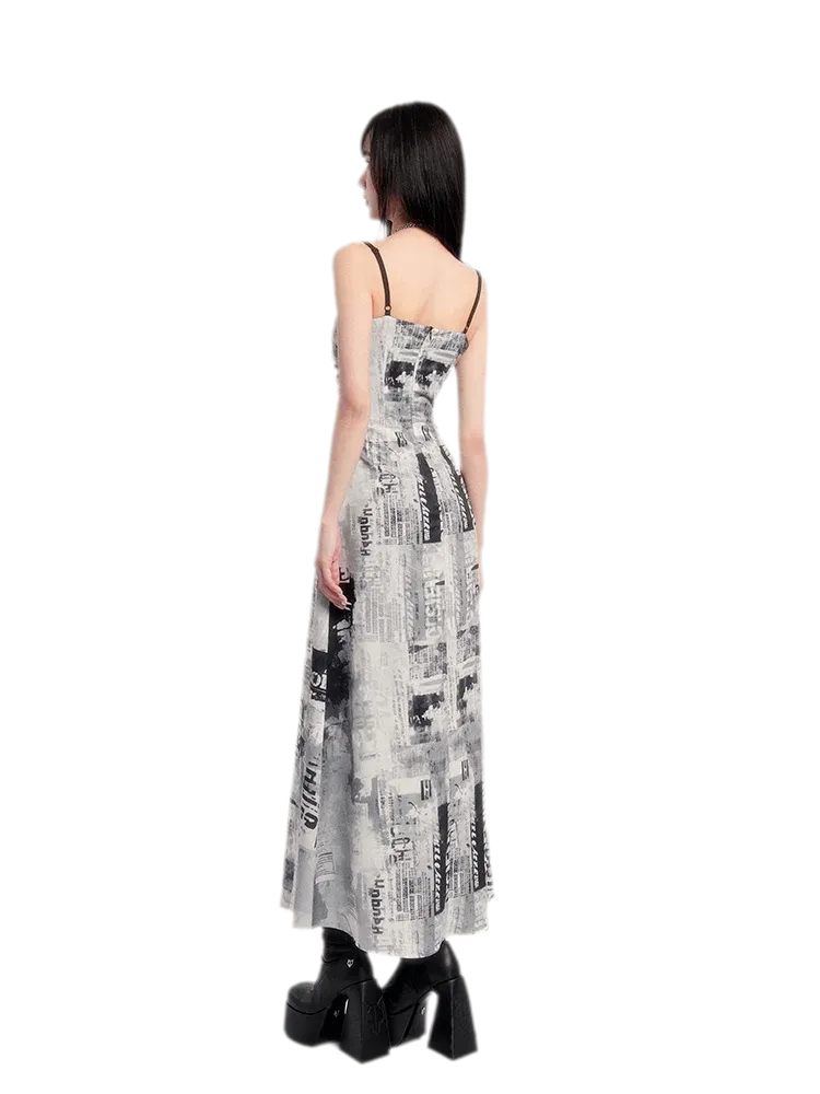 Newspaper Print Ruched Maxi Dress