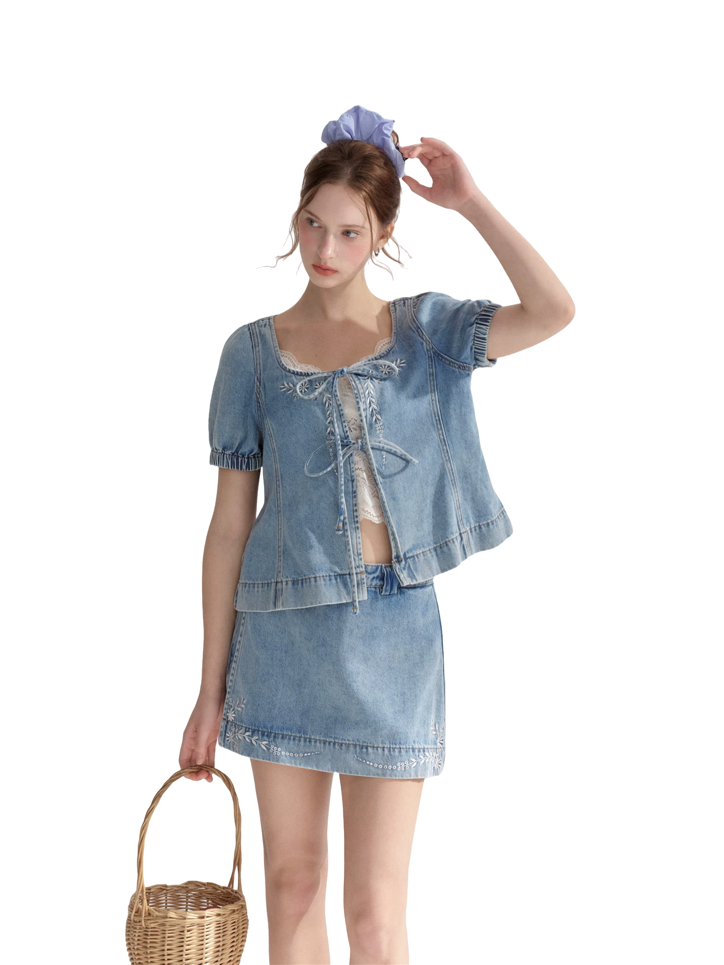 Floral Embroidered Tie Denim Top & Skort Set