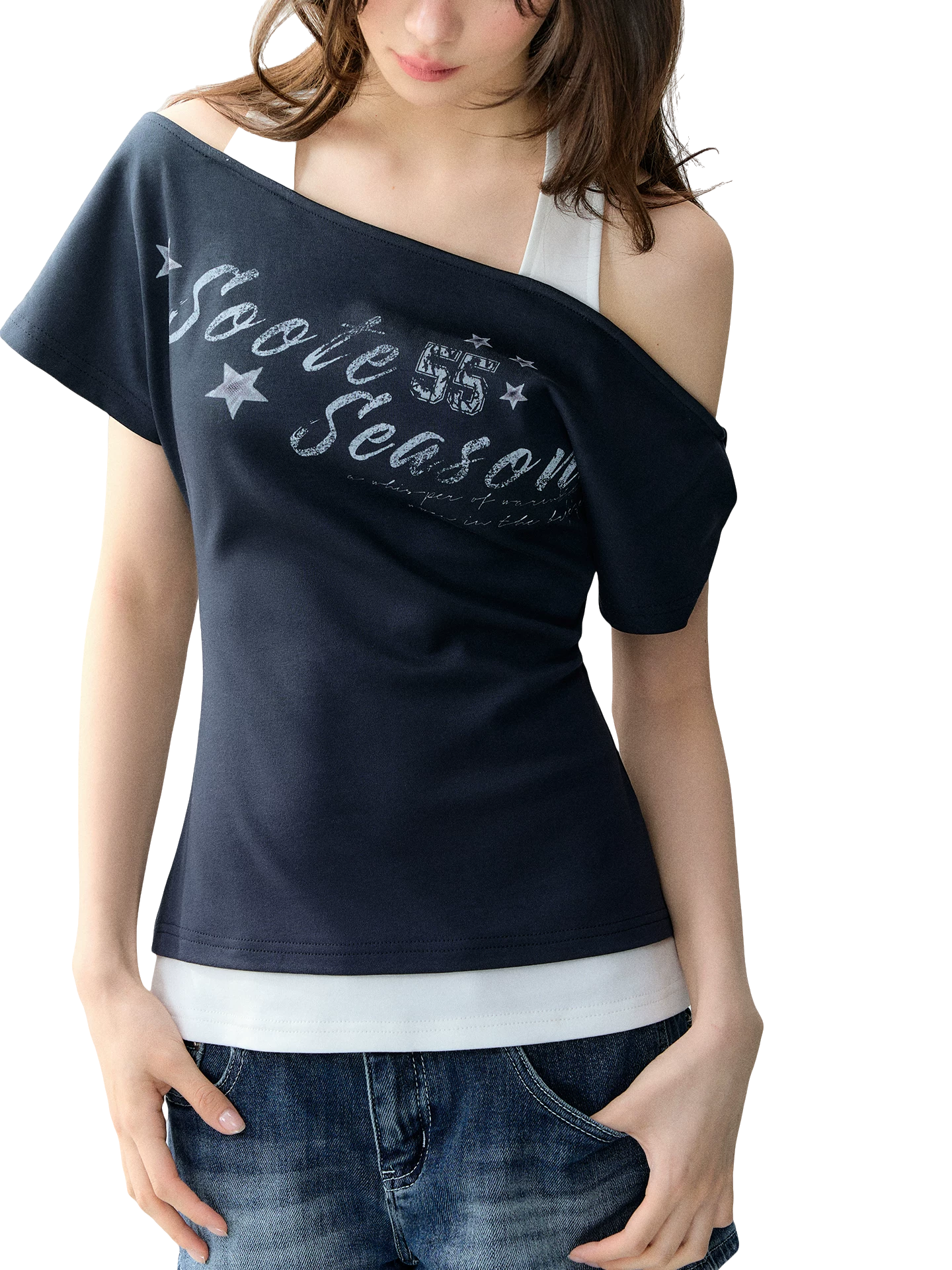 Vintage American Style Printed Off-Shoulder Cropped T-shirt