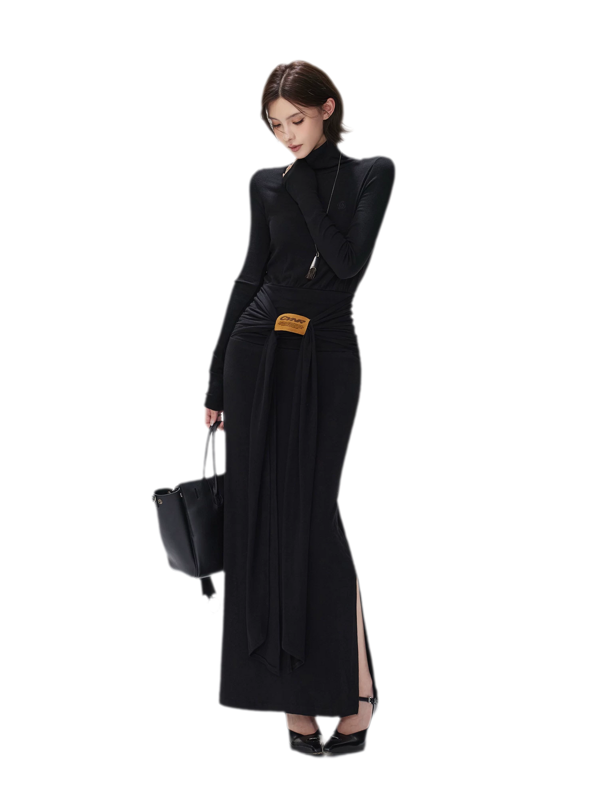 Turtleneck Ruched Waist Knit Dress