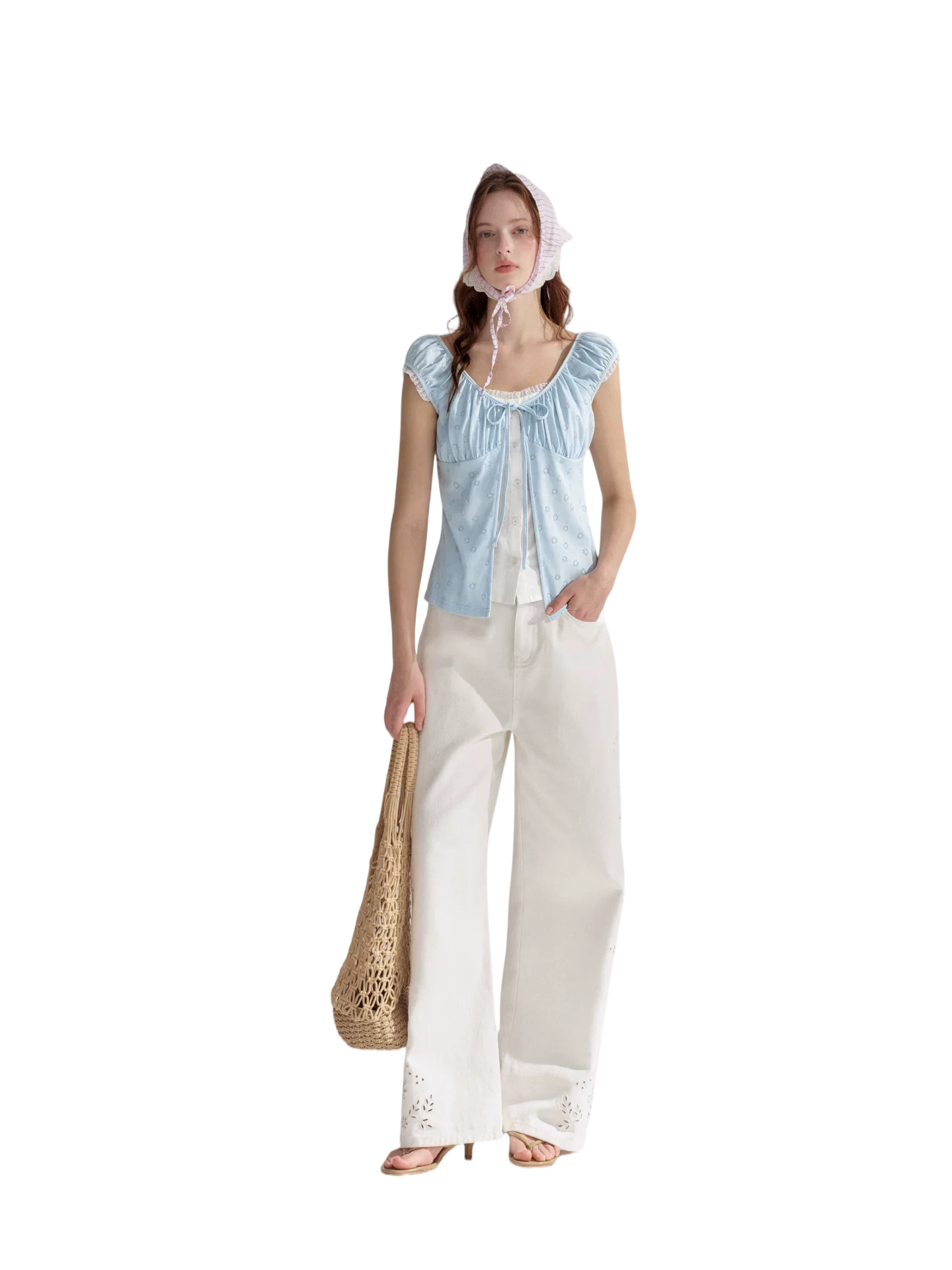 Two-Layer Floral Cutout Contrast Tie-Front Blouse