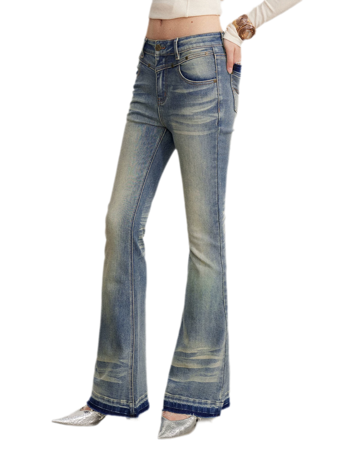 Washed Micro-Flare Contrast-Hem Jeans