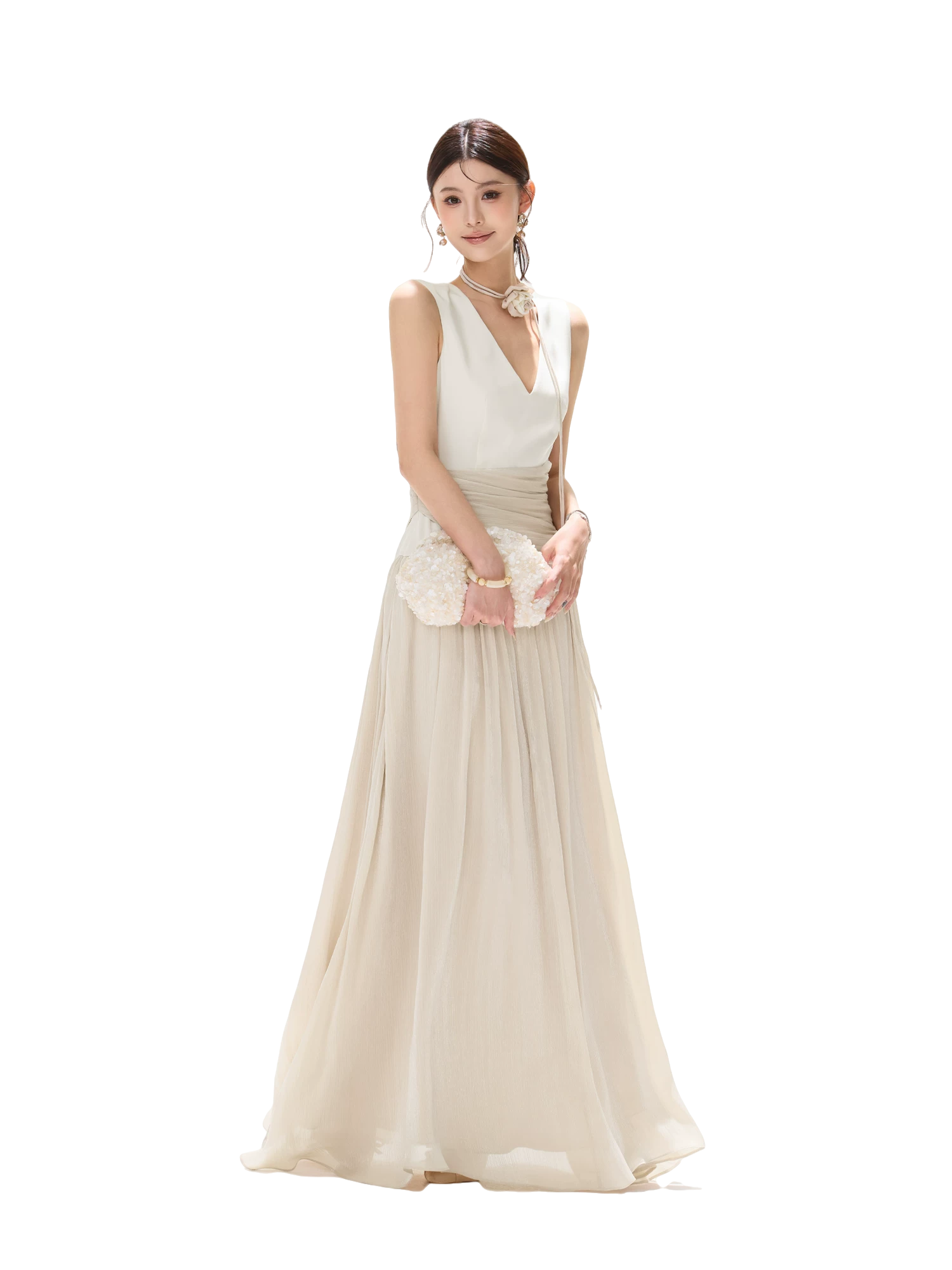French Style Colorblock Pleated Satin V-Neck Dress