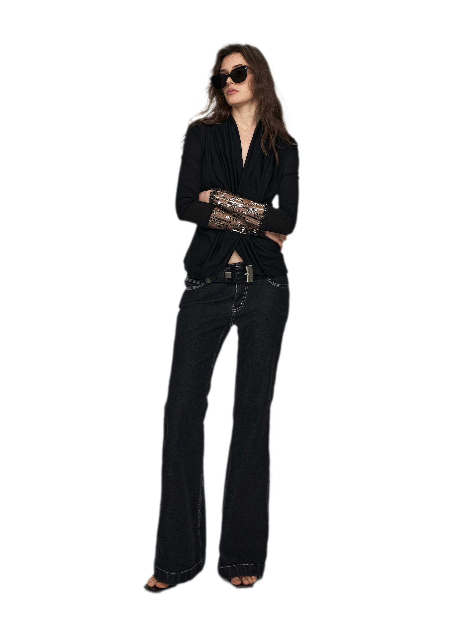 Embroidered Acetate Silk Cross-Knot Long Sleeve T-Shirt