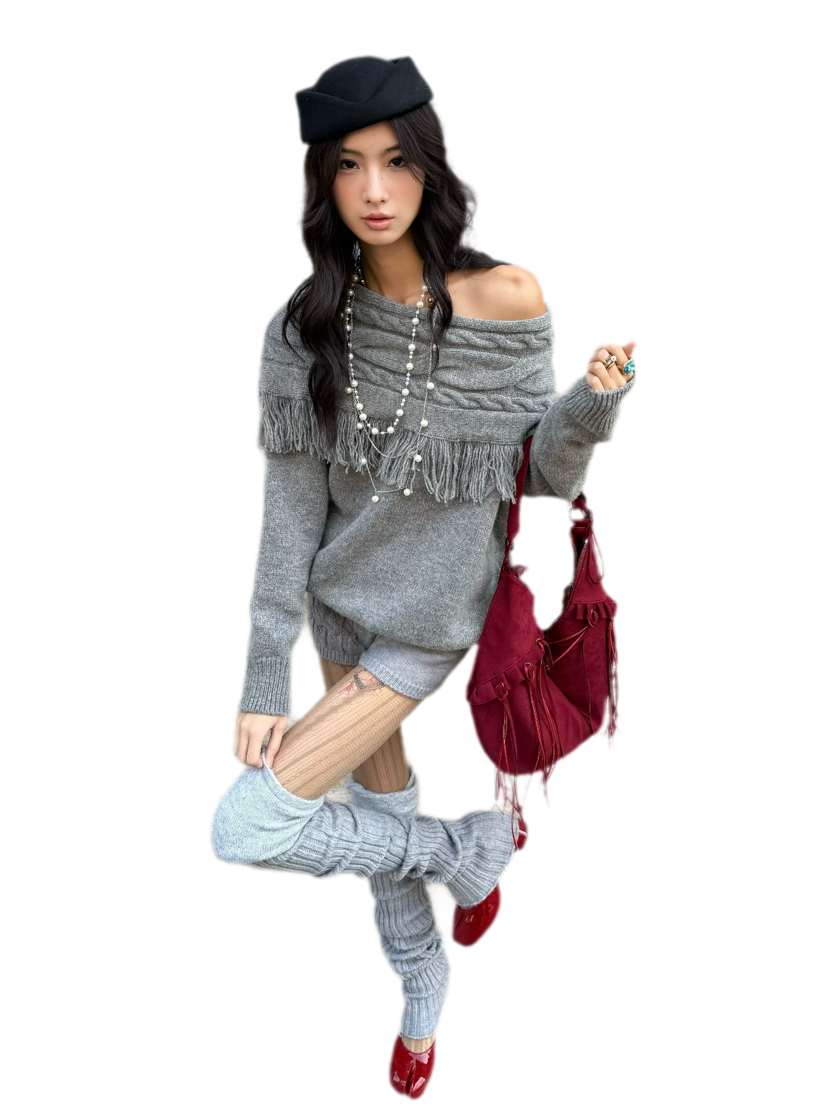 Cable Knit One-Shoulder Set