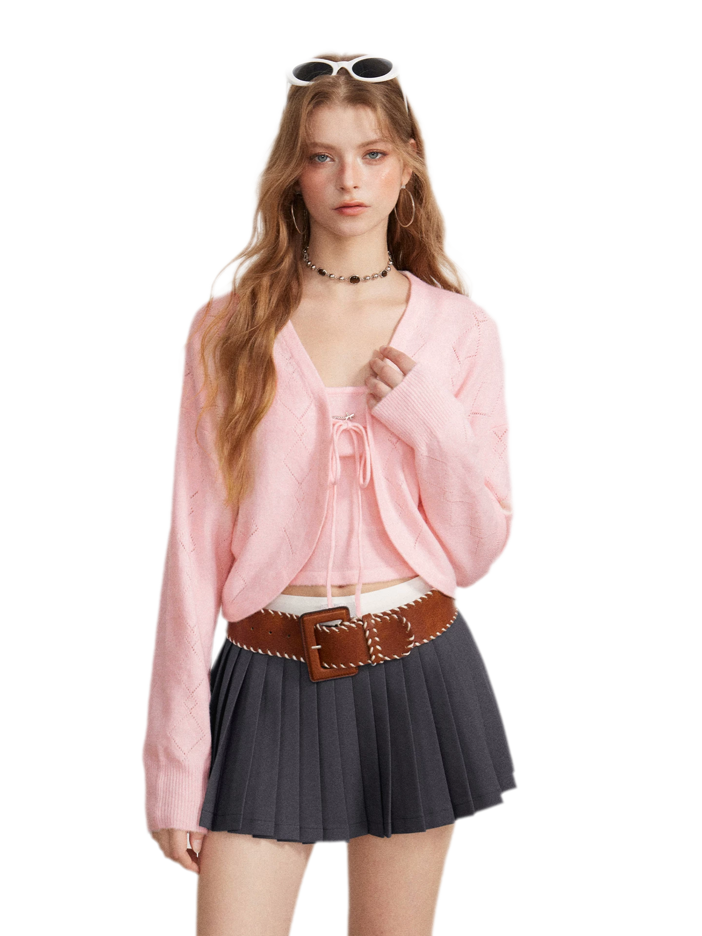 Diamond Knit Tie Cardigan Set
