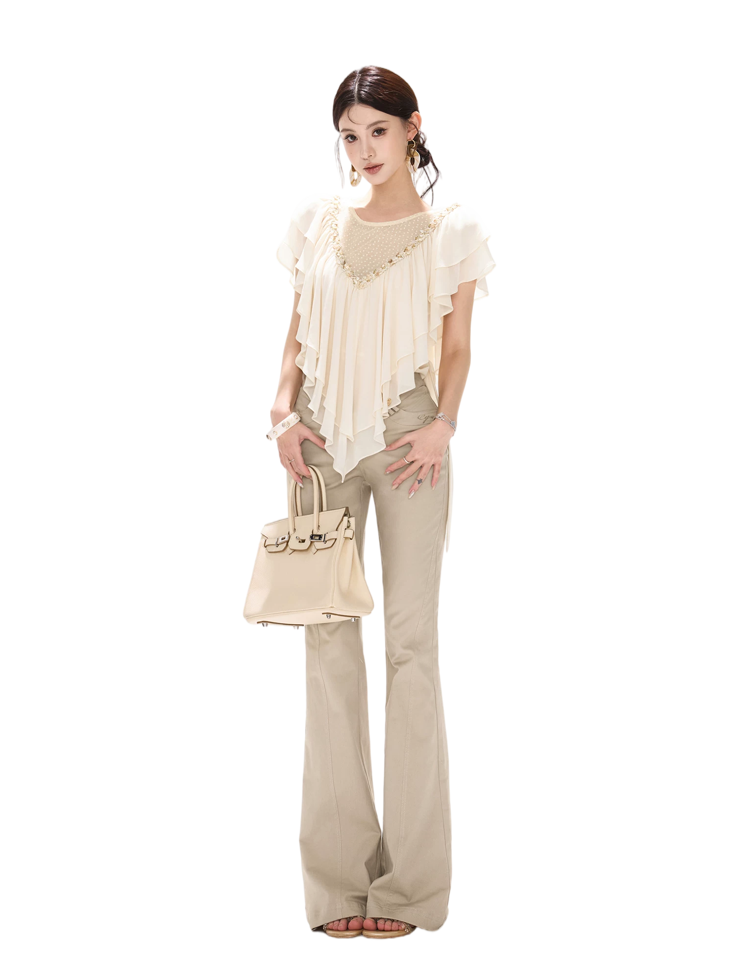 Slim Fit Flared Cotton Blend Pants