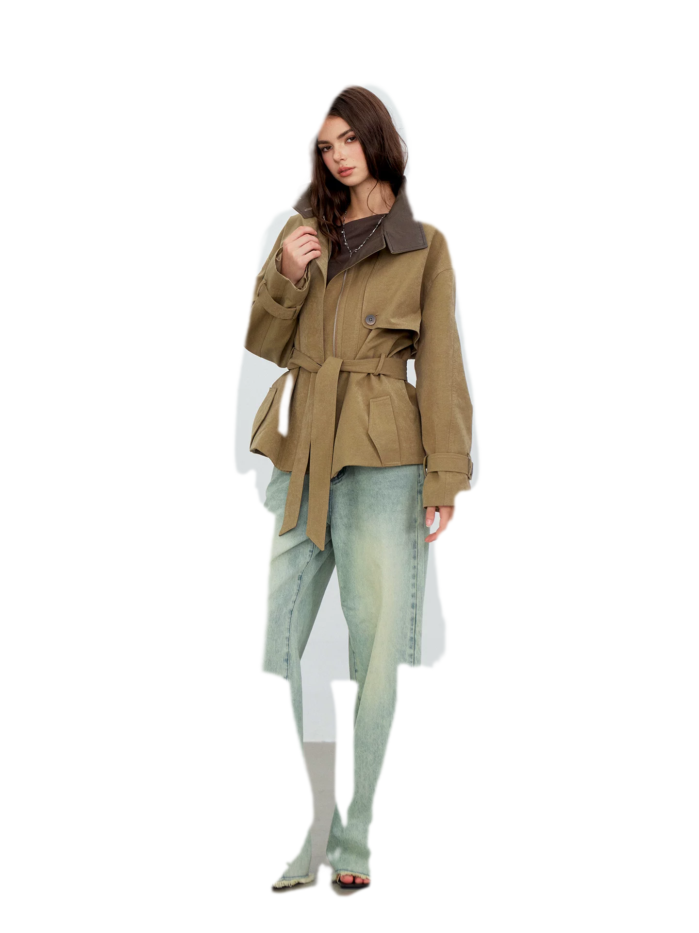 Pleated Stand-Collar Utility Jacket