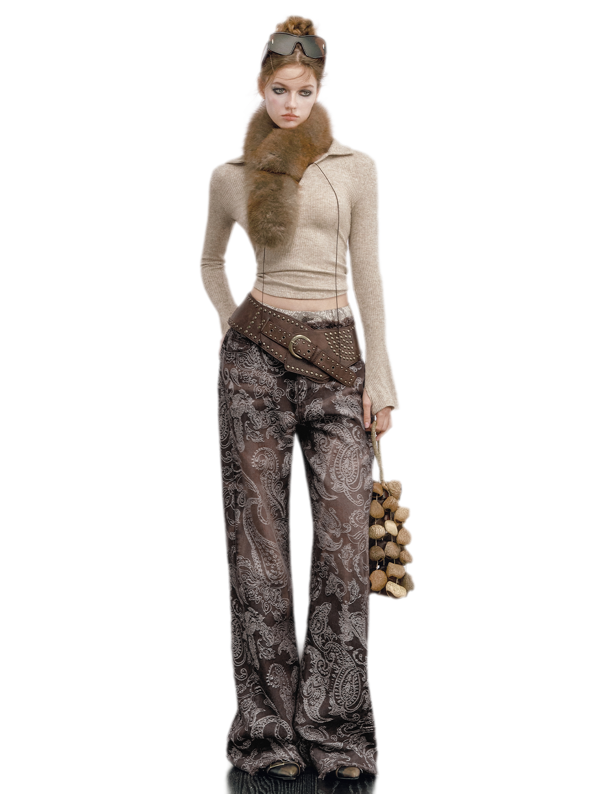 Paisley Double-Waist Frayed Jeans
