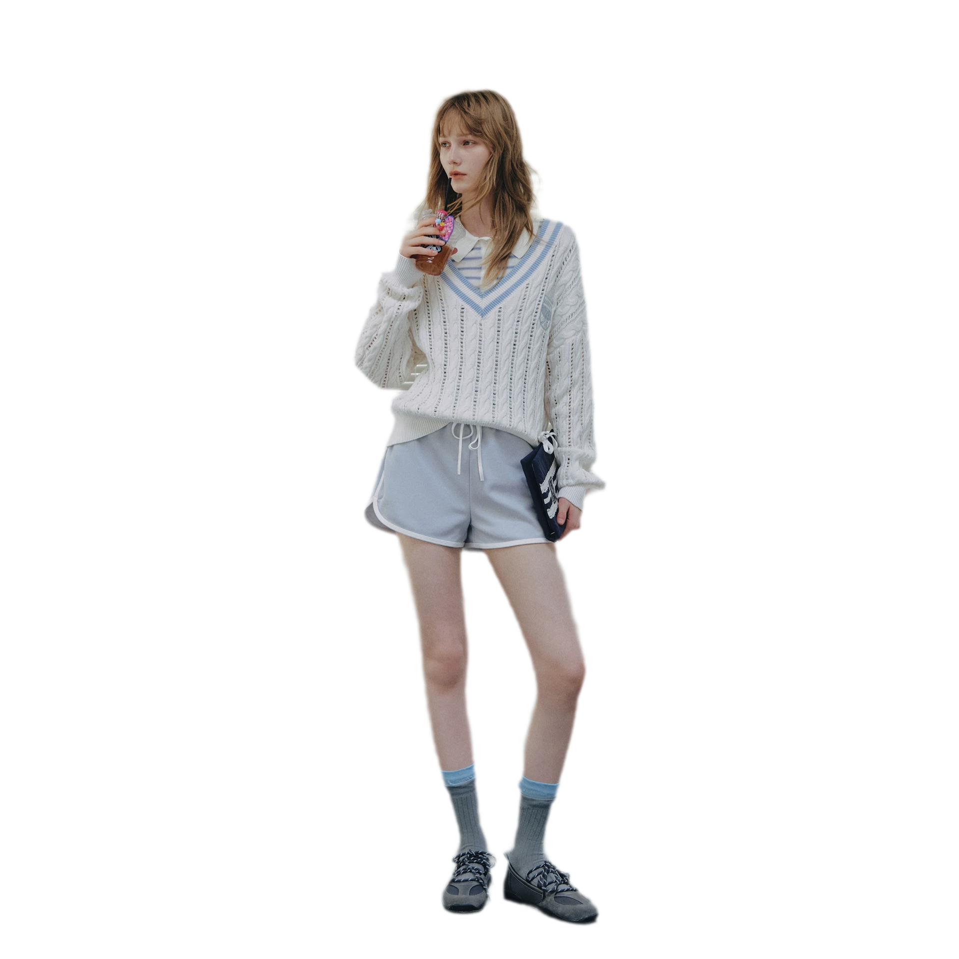 Cable Knit Cropped V-Neck Sweater