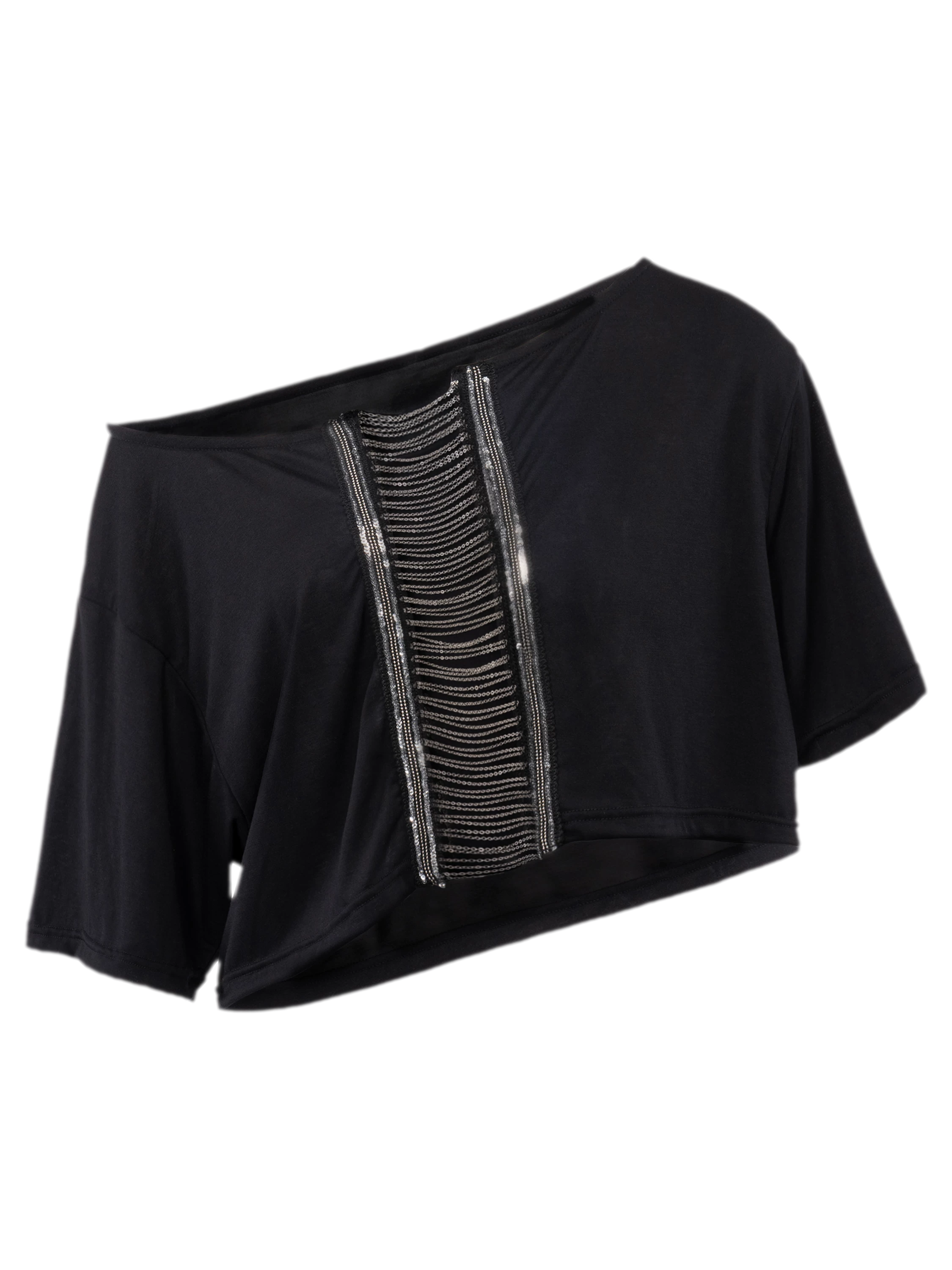 Black Loose Slant Shoulder Chain Crop Top
