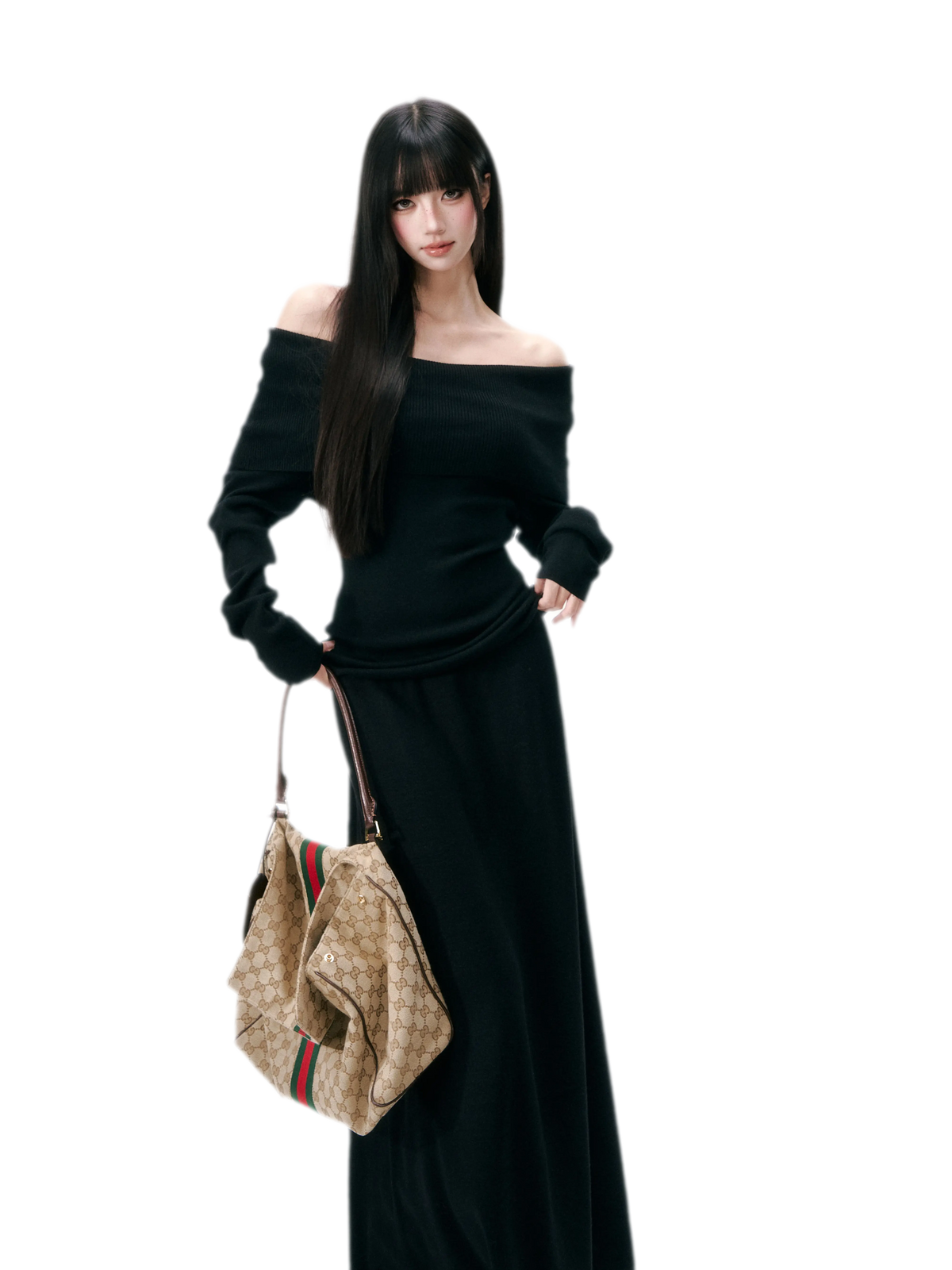 Wool Blend Off-Shoulder Skirt Set