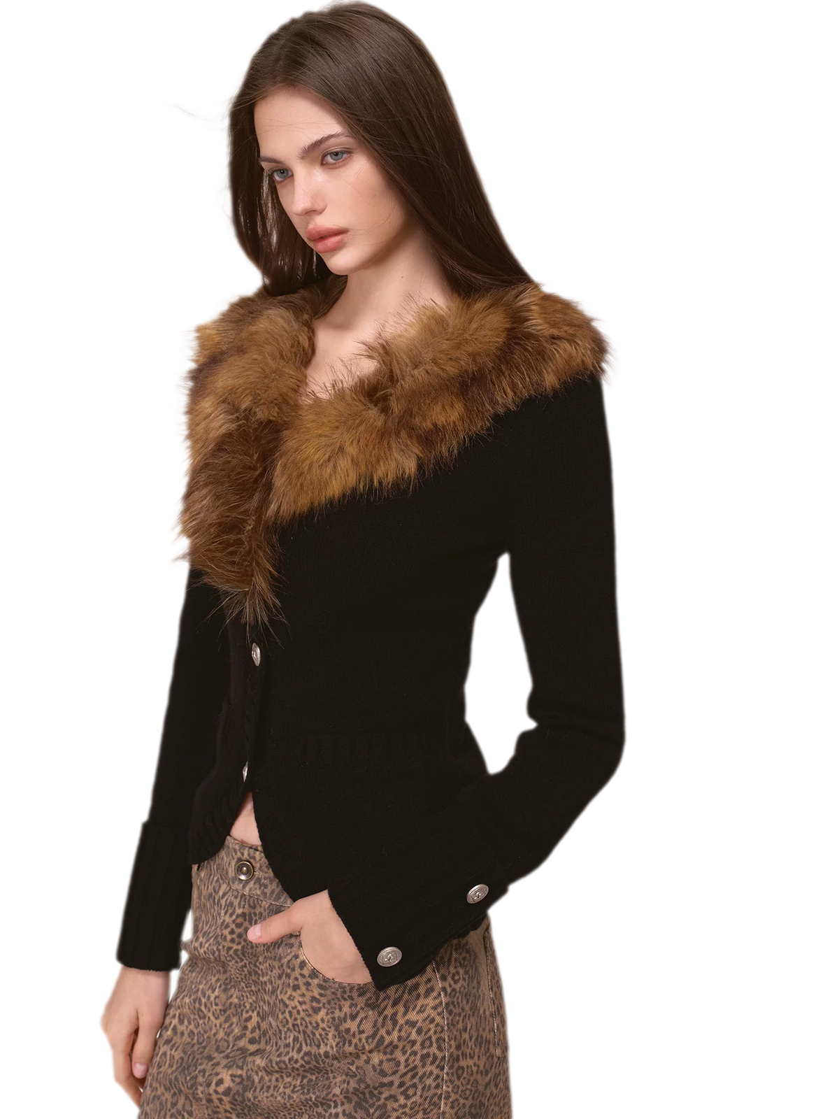 Veste en maille à col en fausse fourrure teintée